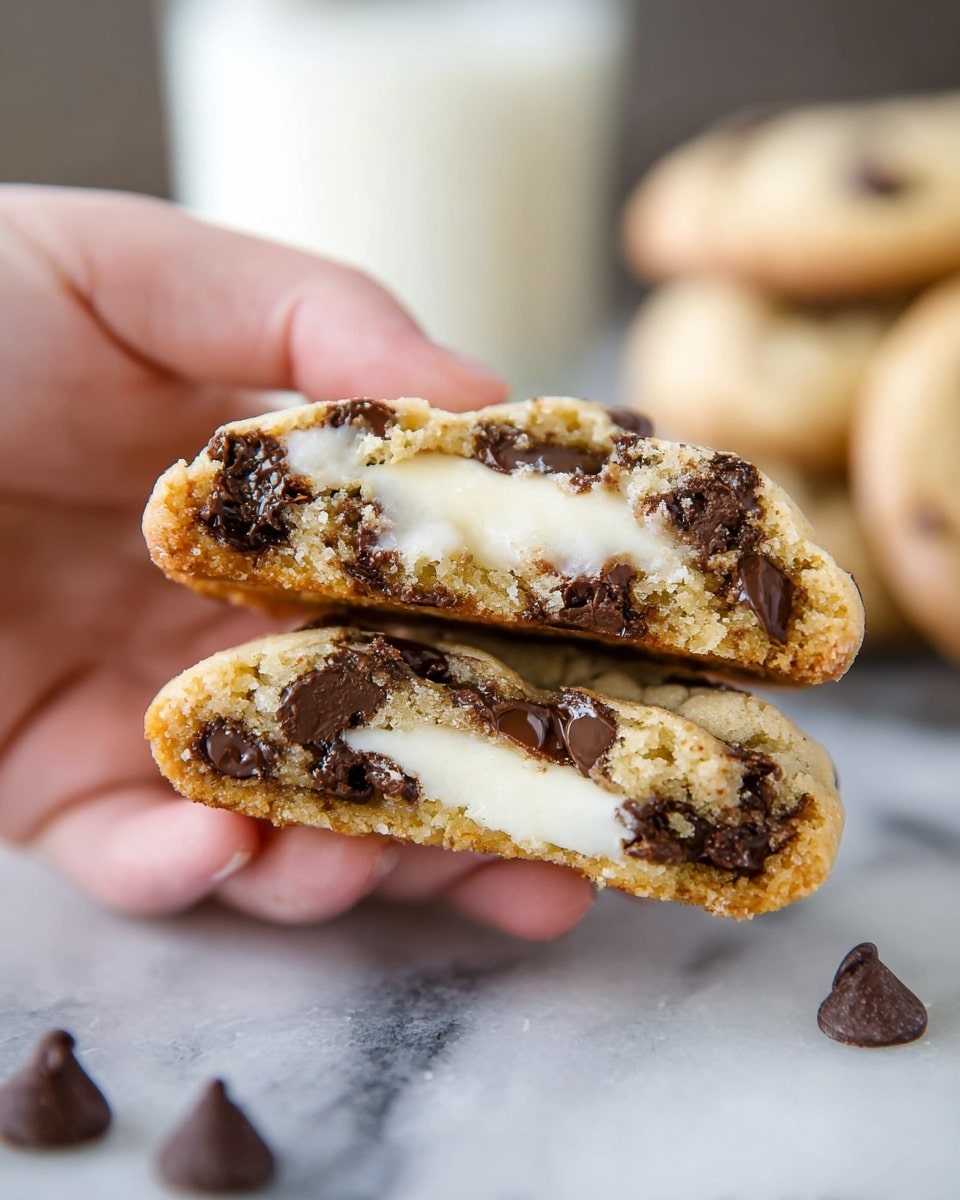 A close-up view of a cookie sliced in half, held by a woman's hand, showing two layers: the outer layer is a light golden brown cookie dough filled with melted dark chocolate chips, and the inner layer is a creamy white filling in the center. The cookie has a soft, slightly crumbly texture, and there are a few loose chocolate chips scattered around it on a white marbled surface. In the background, another whole cookie and a blurred glass of milk are visible. photo taken with an iphone --ar 4:5 --v 7