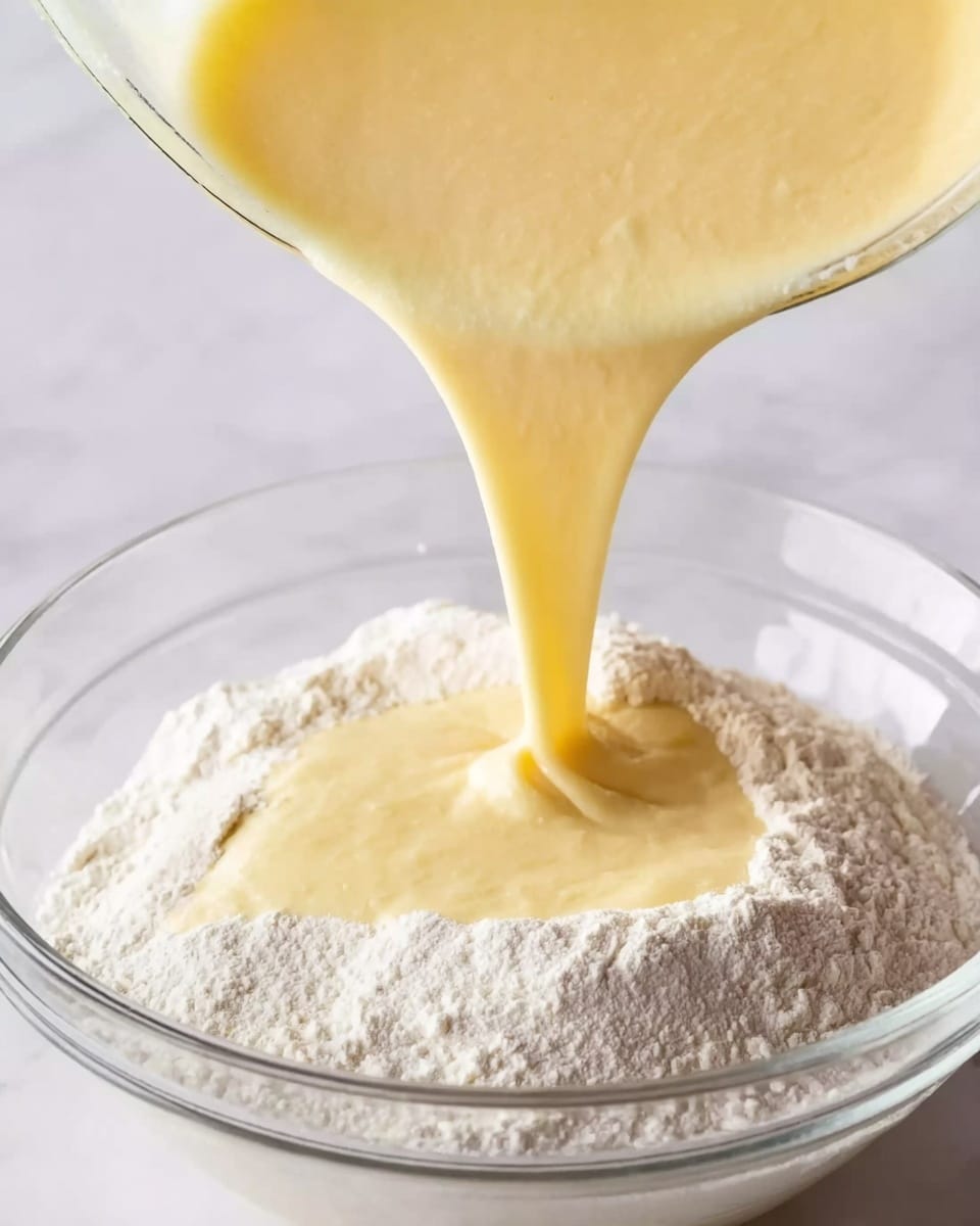 A clear glass bowl on a white marbled surface holds white flour. A yellow batter with a creamy, smooth texture is being poured into the bowl, forming a thick stream that flows into the flour, mixing the two layers. The scene focuses closely on the action of pouring, capturing the soft, pale yellow batter contrasting with the powdery white flour below. The background is softly blurred and also white, keeping the focus on the bowl and the batter. photo taken with an iphone --ar 4:5 --v 7