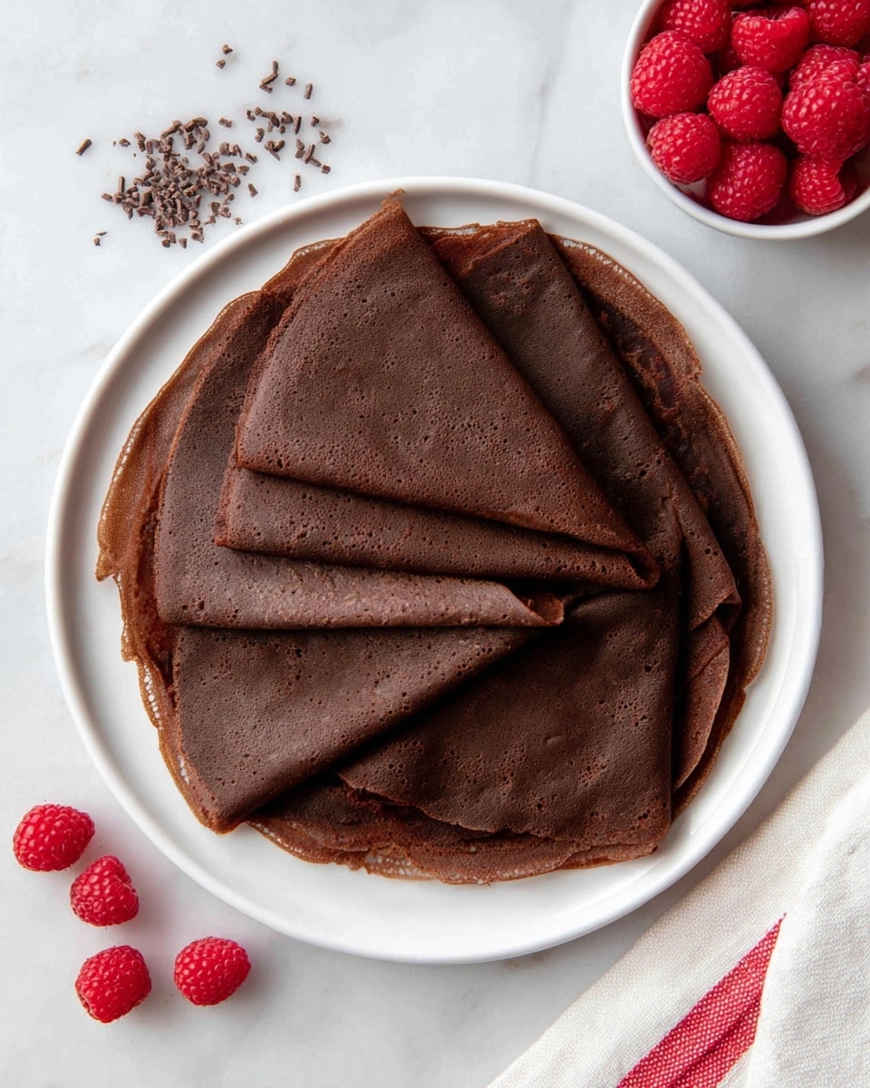 A white plate holds a stack of ten thin, dark brown chocolate crepes arranged in a slightly uneven pile. Five of the crepes are folded into quarters and placed on top, creating a layered fan shape with smooth, matte surfaces and light cracking textures. Around the plate, a few fresh red raspberries and small dark chocolate sprinkles are scattered on a white marbled surface. In the top right corner, a small white bowl filled with more fresh red raspberries adds a pop of color. A white cloth with a red stripe sits on the bottom right edge of the image. photo taken with an iphone --ar 4:5 --v 7