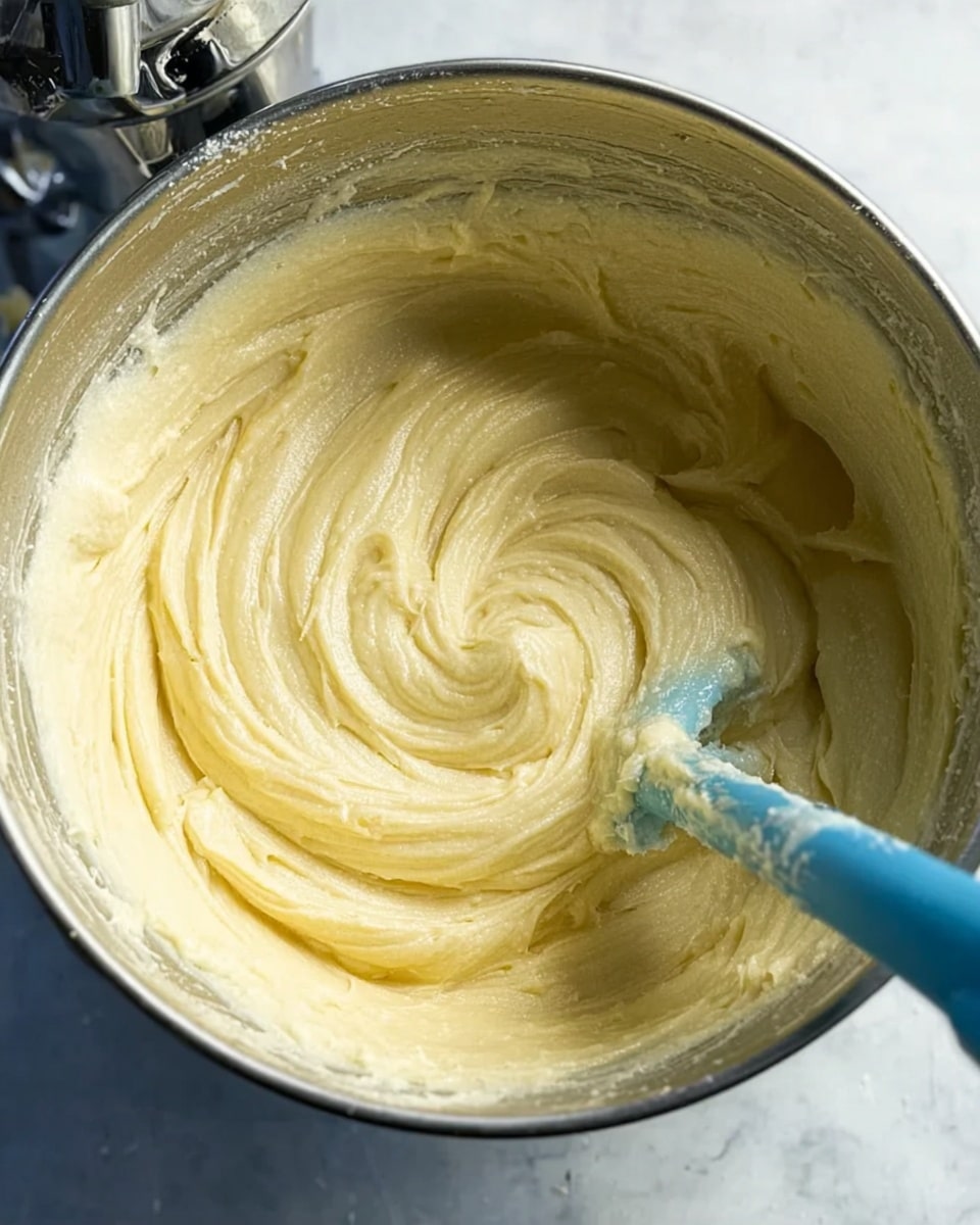 A close-up view inside a silver metal bowl filled with thick, creamy pale yellow batter. The batter is smooth with swirls and soft peaks, showing texture from being stirred. A blue spatula is partially inside the batter on the right side, covered in the same batter, and the top left corner shows a part of a machine mixing attachment. The bowl is placed on a white marbled surface. photo taken with an iphone --ar 4:5 --v 7