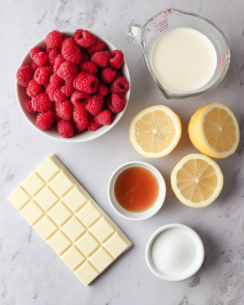 A top view of six different items arranged on a white marbled surface: a white bowl filled with bright red raspberries at the top left, a clear measuring cup with white cream at the top right, two lemon halves with yellow flesh in the center, a white chocolate bar with square patterns on the left center, a small white bowl with white sugar on the right center, and a small white bowl with light brown vanilla extract at the bottom center photo taken with an iphone --ar 4:5 --v 7