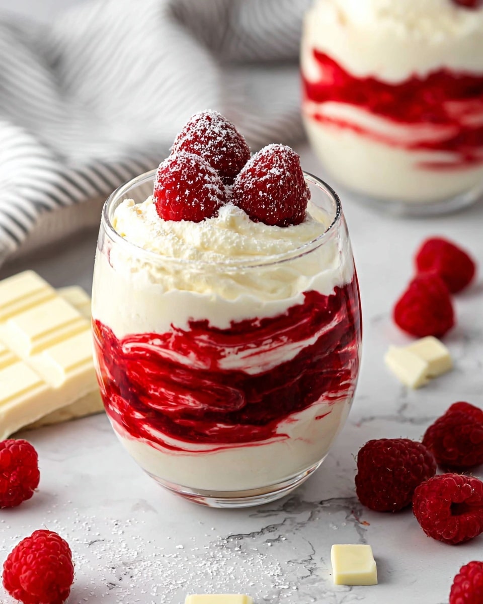 A clear glass holds a dessert with three main layers. The bottom layer is white and creamy, mixed with swirls of bright red raspberry sauce. The middle layer is a thick bright red raspberry sauce that spreads unevenly. The top layer is white cream, piled high with three fresh red raspberries in the center, dusted lightly with fine white powder. The glass sits on a white marbled surface scattered with small white pieces and fresh raspberries. In the background, there is a second glass with the same dessert and a white chocolate bar, with a soft striped cloth adding texture. Photo taken with an iphone --ar 4:5 --v 7