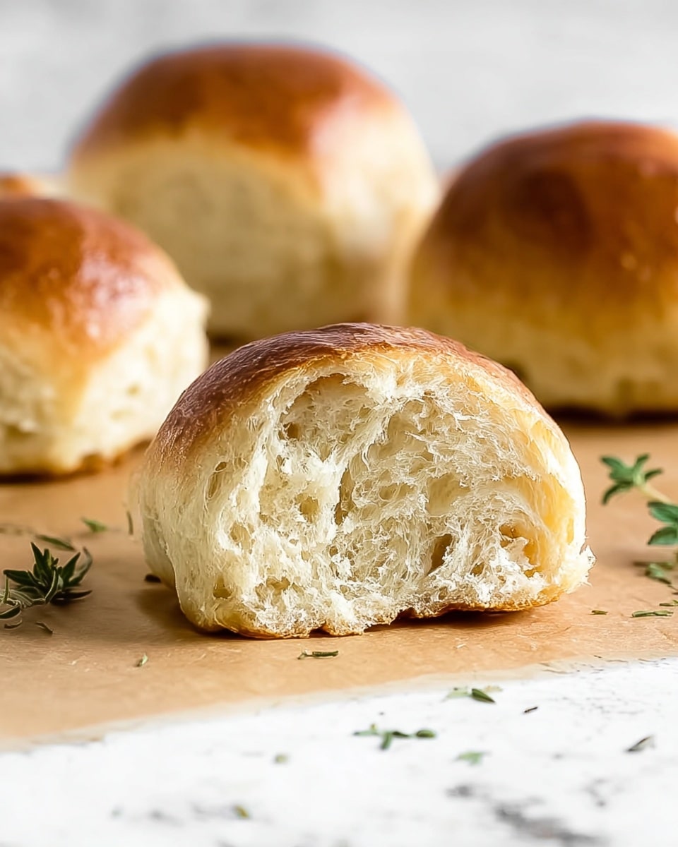 The image shows a close-up of a single bread roll that has been split open to reveal its soft, airy inside with many small holes and a light golden-brown crust on top. Behind it, there are two whole bread rolls with a shiny, slightly darker golden-brown crust, placed on brown parchment paper. In front of the bread rolls, there are some small green herb sprigs scattered on a white marbled surface. The texture of the bread looks light and fluffy. Photo taken with an iphone --ar 4:5 --v 7