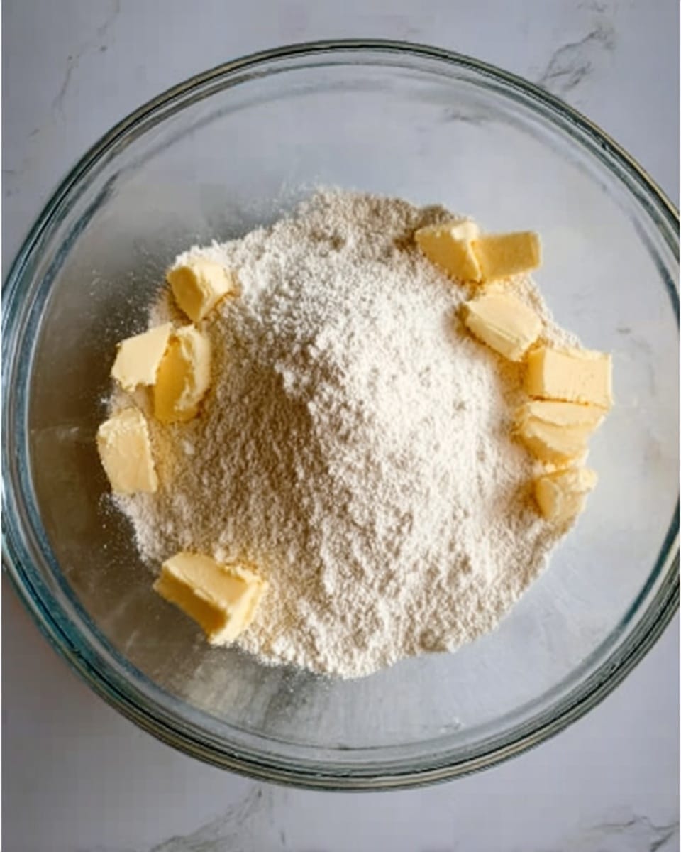 A clear glass bowl sits on a white marbled surface. Inside the bowl, there is a pile of white flour forming a small mound in the center. Around the flour, there are several small chunks of butter with a pale yellow color partially visible beneath the flour. The bowl and its contents look ready for mixing. Photo taken with an iphone --ar 4:5 --v 7