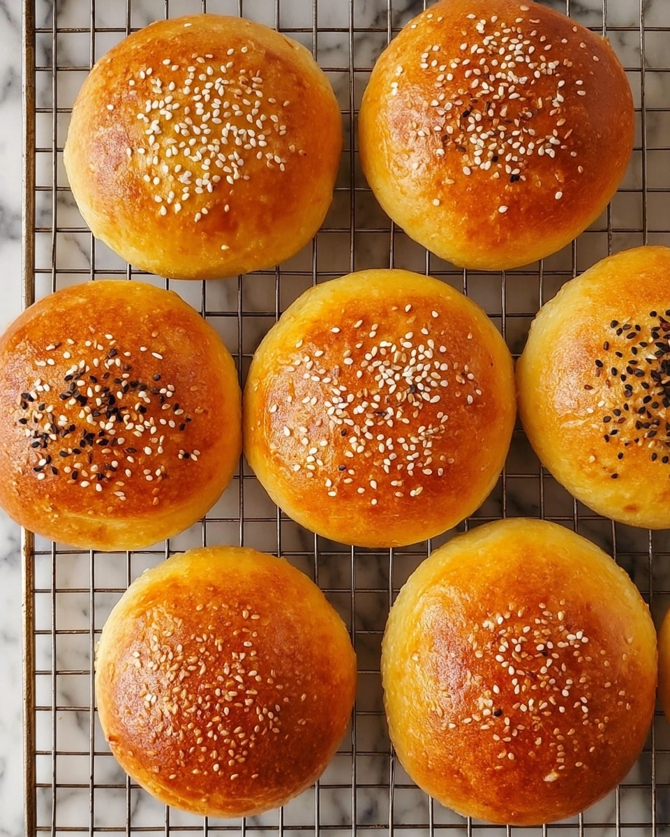 The image shows seven round, golden brown buns with a shiny surface, each topped with white sesame seeds and some with black seeds mixed in. They are arranged evenly on a wire cooling rack. The buns have a smooth texture, with slight variations in color from light to darker golden areas, indicating even baking. The background is changed to a white marbled surface. photo taken with an iphone --ar 4:5 --v 7