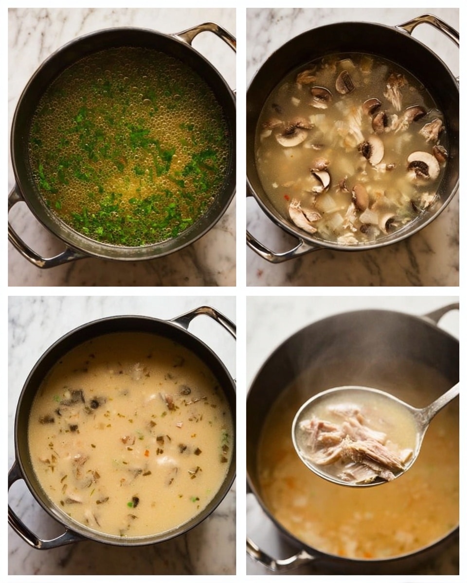 The image shows four stages of cooking soup in a large black pot on a white marbled surface. The first stage shows clear broth with chopped green herbs floating on top, visible bubbles forming in the broth. The second stage adds sliced mushrooms on the left side, with steam rising and the broth still clear but with more color. The third stage shows the soup turned creamy light brown, mushrooms mixed throughout, and steam coming off the surface. The final close-up shows a ladle filled with creamy soup containing shredded pieces of meat and mushrooms, against the blurred background of the soup pot. Photo taken with an iphone --ar 4:5 --v 7