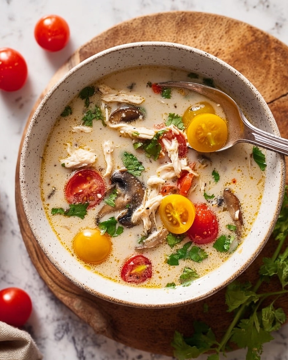 A white speckled bowl holds a creamy light beige soup with visible pieces of shredded chicken, light brown mushrooms, and halved red and yellow cherry tomatoes floating on top. Green cilantro leaves are scattered across the soup’s surface, adding a fresh pop of color. A silver spoon scoops one yellow tomato half and some soup near the bowl's right edge. The bowl sits on a round wooden board, and three red cherry tomatoes lie on the white marbled surface around it. A small bunch of cilantro is visible in the bottom right corner. Photo taken with an iphone --ar 4:5 --v 7