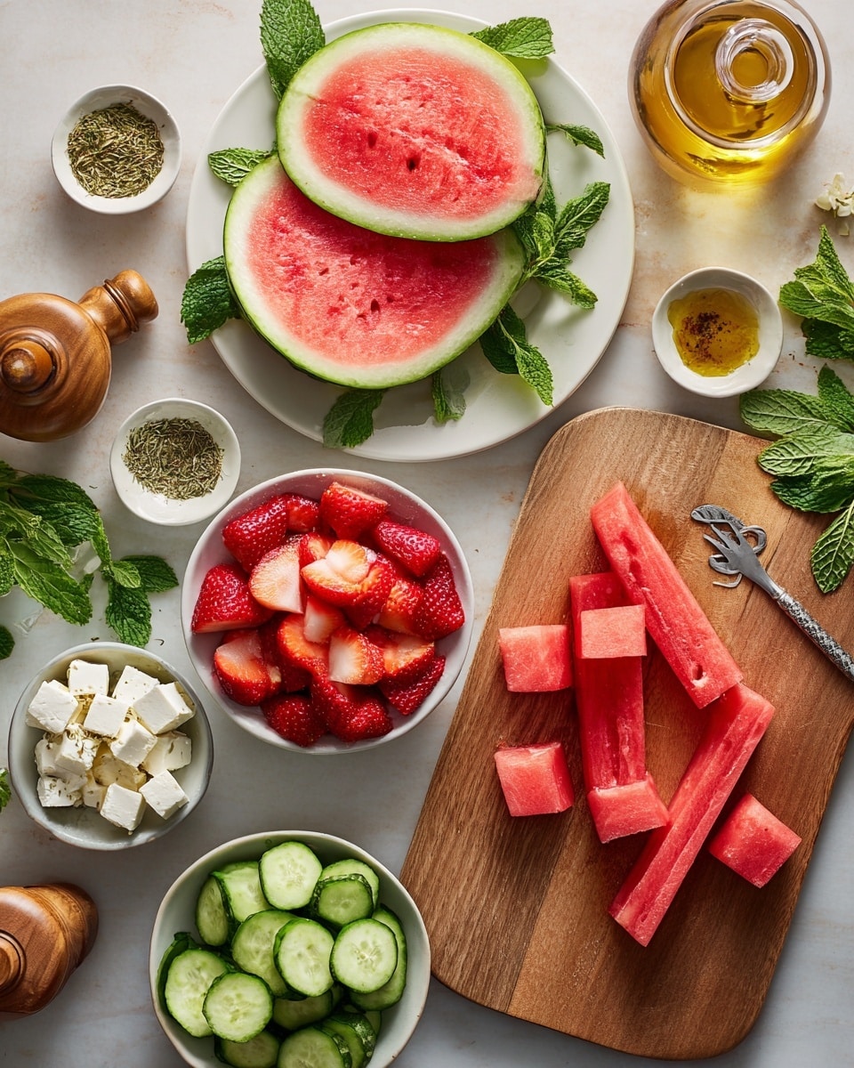 The image shows a top view of fresh fruit and vegetable ingredients arranged on a white marbled surface. At the top is a round white plate holding three large watermelon slices with green and dark green rinds, resting on green mint leaves. Below the plate, on a wooden board, are small red watermelon cubes centered next to two long red watermelon strips, with a small fork stuck into one strip on the right. To the left on the wooden board is a white bowl filled with bright red sliced strawberries. Near the bottom is a white bowl packed with green cucumber slices, showing their pale green centers. To the left, there is a small square white bowl of white cheese cubes and a glass of amber honey. Scattered around are green mint leaves, garlic cloves, small white bowls with mustard-colored sauce and dried herbs, a glass bottle of olive oil, and a wooden pepper grinder. The whole setting is bright and fresh with natural lighting. Photo taken with an iphone --ar 4:5 --v 7