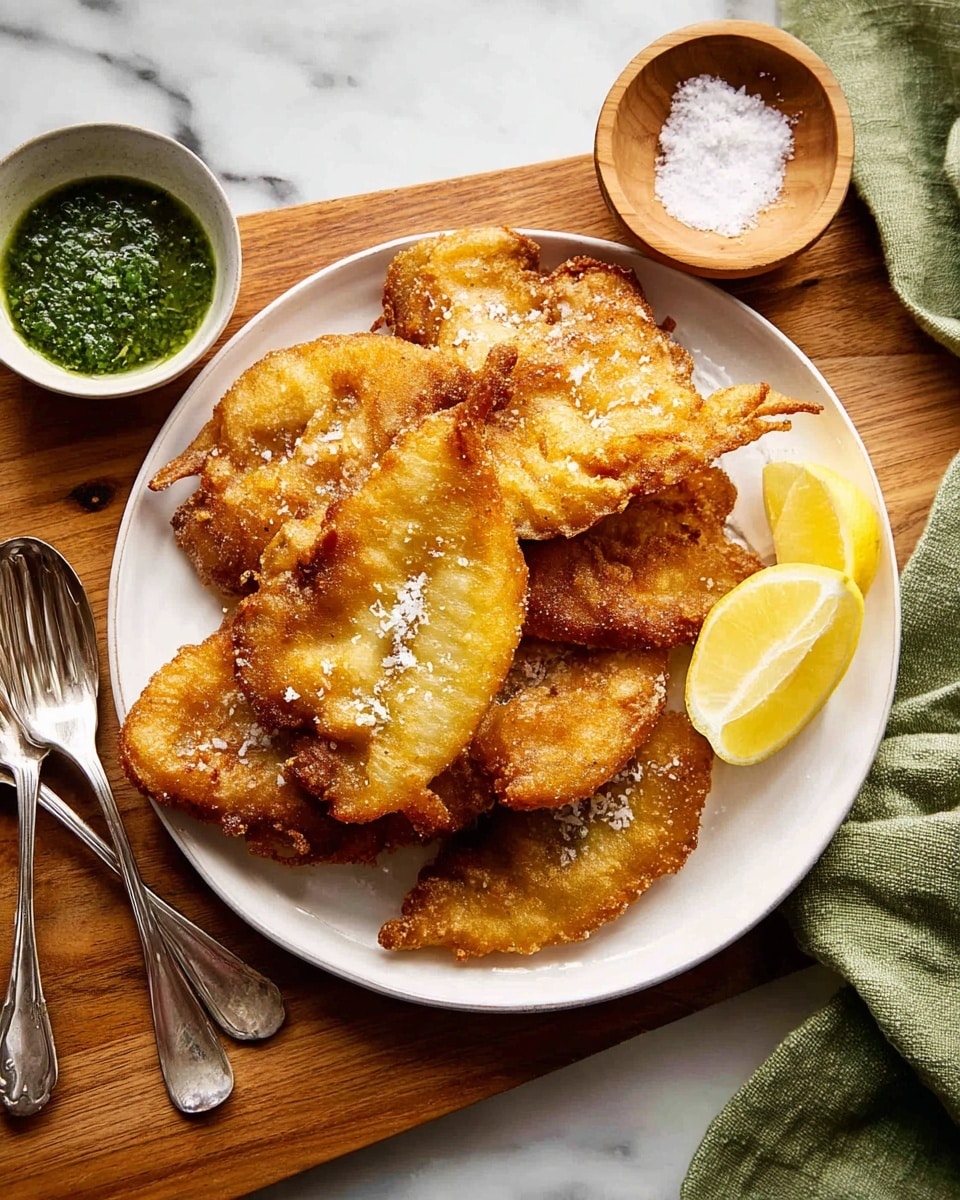 A white plate holds a pile of seven golden, crispy fried fish with a rough crunchy texture, some sprinkled with coarse salt, arranged in overlapping layers. At the right side of the plate are three lemon wedges with bright yellow flesh. The plate sits on a wooden board with two silver spoon and fork crossed on the left and a small white bowl filled with green sauce on the lower right. Behind the plate is a green cloth and a small wooden bowl filled with coarse salt. The background is a white marbled surface. photo taken with an iphone --ar 4:5 --v 7