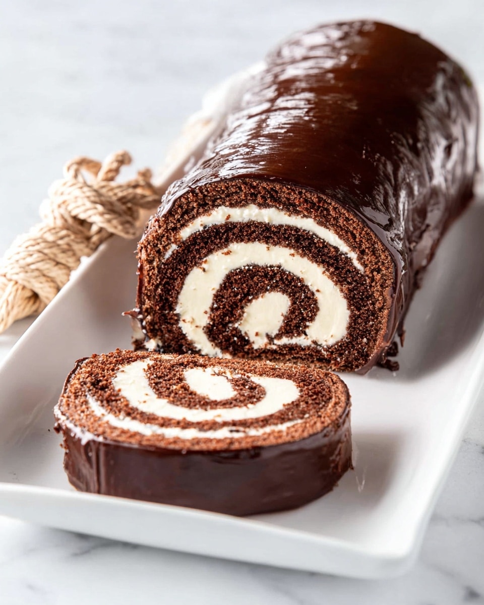A chocolate roll cake with three visible layers: a dark brown smooth chocolate outer layer with a slight shine, a light cream-colored thick filling rolled evenly inside, and a thin dark brown cake layer rolled in a spiral. The roll is sliced into two thick pieces showing the swirl pattern clearly. The cake sits on a long white plate placed on a white marbled surface, with a small twisted beige rope decoration on the side. The lighting highlights the glossy texture of the chocolate photo taken with an iphone --ar 4:5 --v 7