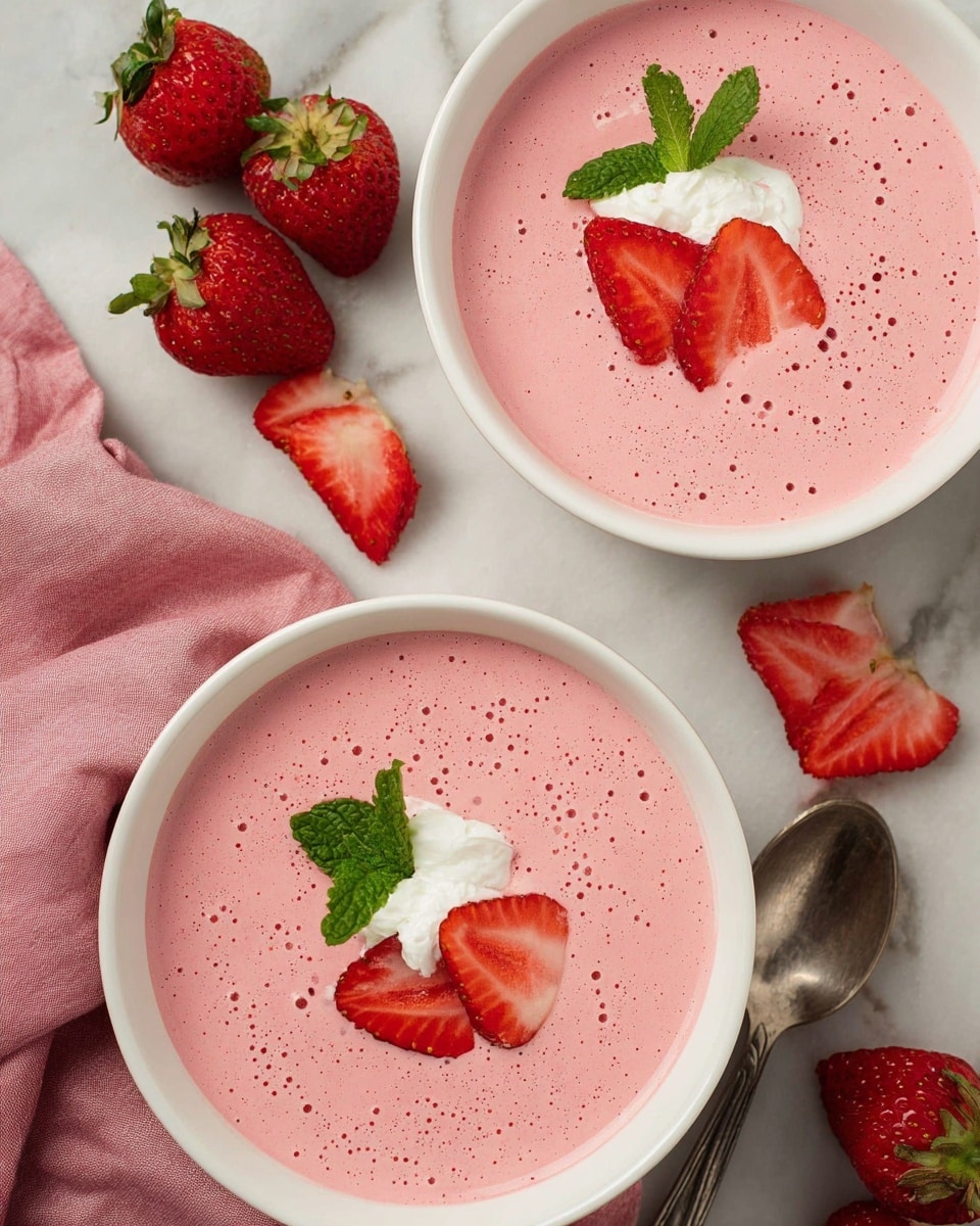Two white bowls are filled with a smooth, pink strawberry soup with small bubbles on the surface. Each bowl has two strawberry halves placed slightly off-center on top, along with a dollop of white cream and a small green mint leaf for garnish. Around the bowls are whole and sliced strawberries scattered on a white marbled surface. A pink cloth is visible near the bottom left bowl, and a silver spoon is placed on the right side near the top bowl. photo taken with an iphone --ar 4:5 --v 7