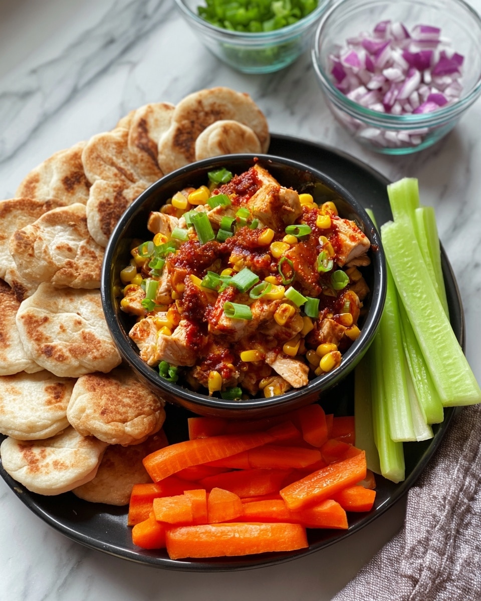 A black plate holds a smaller black bowl filled with a mix of cooked chicken pieces, yellow corn kernels, chopped red onions, and green onions, all topped with a red sauce. Surrounding the bowl on the plate are small, round, browned pita bread pieces on the left, bright orange baby carrots at the bottom, and pale green celery sticks on the right. In the background, there are two small clear bowls, one filled with chopped red onions and the other with chopped green onions, placed on a white marbled surface. Photo taken with an iphone --ar 4:5 --v 7
