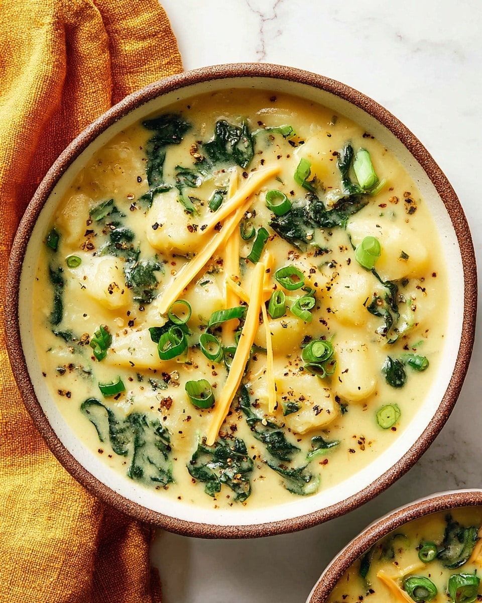 A bowl filled with creamy yellow soup showing chunks of soft potatoes and dark green spinach bits mixed throughout the thick liquid. On top, thin strips of pale yellow cheese and bright green chopped spring onions are sprinkled along with small granules of black pepper. The bowl is white with a brown rim and sits on a white marbled surface next to a folded mustard-colored cloth. photo taken with an iphone --ar 4:5 --v 7