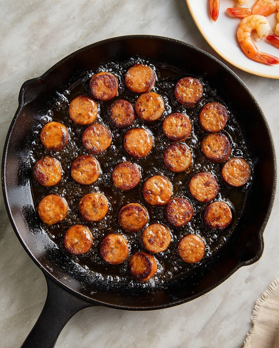 A black cast iron pan holds about 26 small, round sausage slices that are browned and sizzling in hot oil, evenly spread across the pan's bottom. In the top right corner, a white plate with peeled cooked shrimp sits partially visible, only a few shrimp can be seen, showing their light orange-pink color and curved shape. The setting is on a white marbled surface, adding a clean and bright contrast to the cooked food and pan. photo taken with an iphone --ar 4:5 --v 7