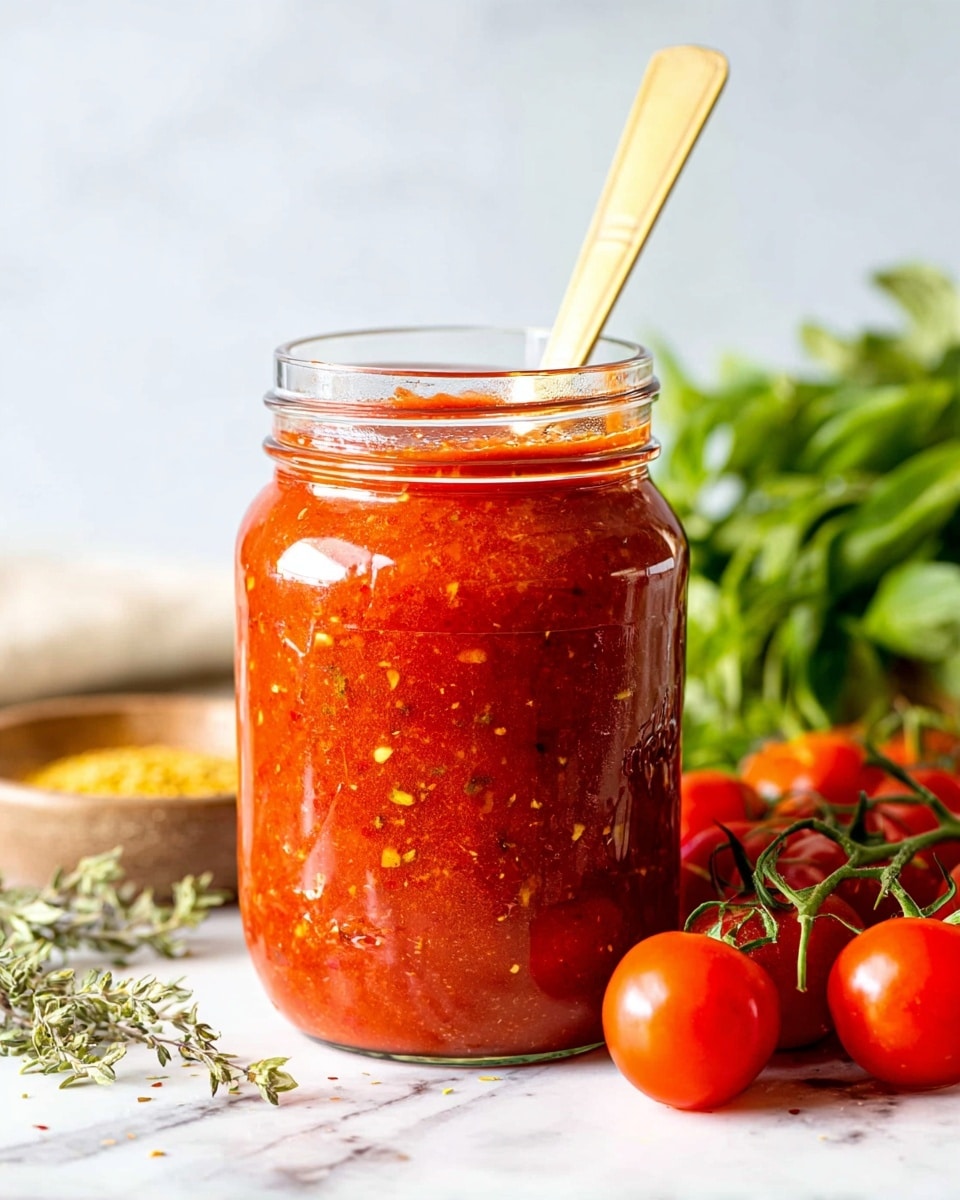 A clear glass jar filled with thick, red tomato sauce that has visible small bits of herbs and spices throughout; the jar is placed on a white marbled surface with a pale yellow spoon inside it, slightly sticking out. Surrounding the jar are fresh, bright red tomatoes on the vine on the right, fresh green herbs on the left, and a small bowl of yellow seasoning behind the herbs. The background is light and softly blurred, focusing attention on the jar and ingredients, photo taken with an iphone --ar 4:5 --v 7