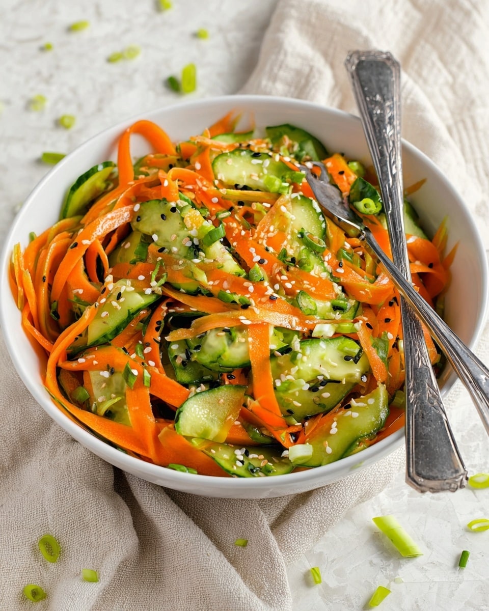 A white bowl filled with a fresh salad made of thin orange carrot strips and green cucumber slices, mixed with light green chopped scallions and sprinkled with white and black sesame seeds. Two silver forks with detailed handles rest inside the bowl. The bowl is placed on a light beige cloth with some scattered green scallion pieces around it, all set on a white marbled textured surface. Photo taken with an iphone --ar 4:5 --v 7