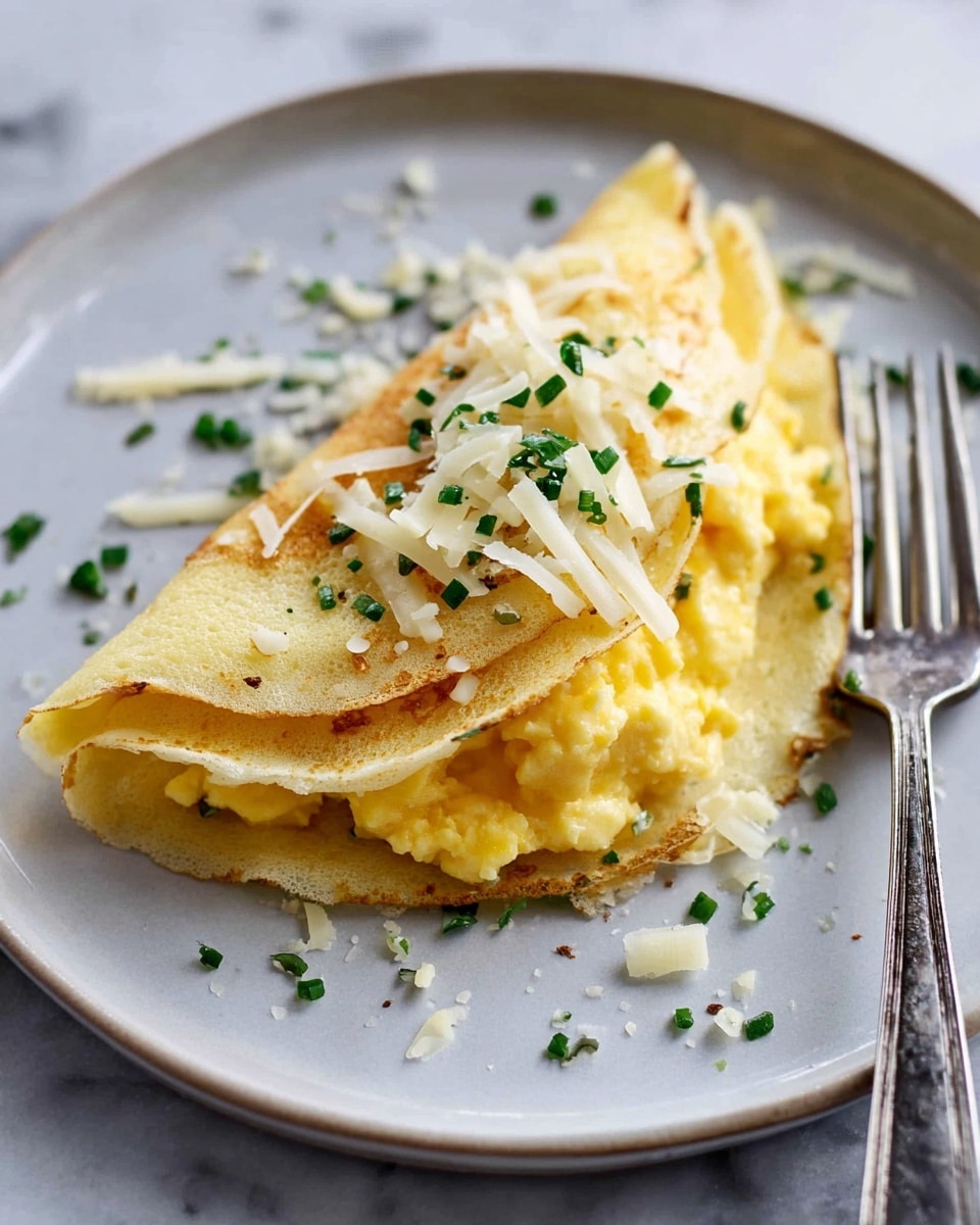 A soft, thin crepe with a light golden color is folded over in two layers, filled with creamy scrambled eggs that have a bright yellow hue. The top layer of the crepe is decorated with shredded white cheese and small pieces of chopped green herbs, scattered both on top and around the crepe. It is placed on a white, round plate with a slightly raised edge. A silver fork rests on the right side of the plate, and the plate sits on a white marbled surface. photo taken with an iphone --ar 4:5 --v 7