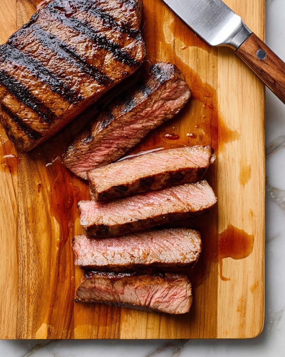A wooden cutting board holds a piece of grilled steak, partly sliced into five pieces. The steak has a dark brown, slightly charred outer layer with visible grill marks and a tender pink center. Juices spread on the board around the steak, highlighting its freshness. A silver knife with a wooden handle rests diagonally on the top right corner of the board. The background features a white marbled surface. Photo taken with an iphone --ar 4:5 --v 7