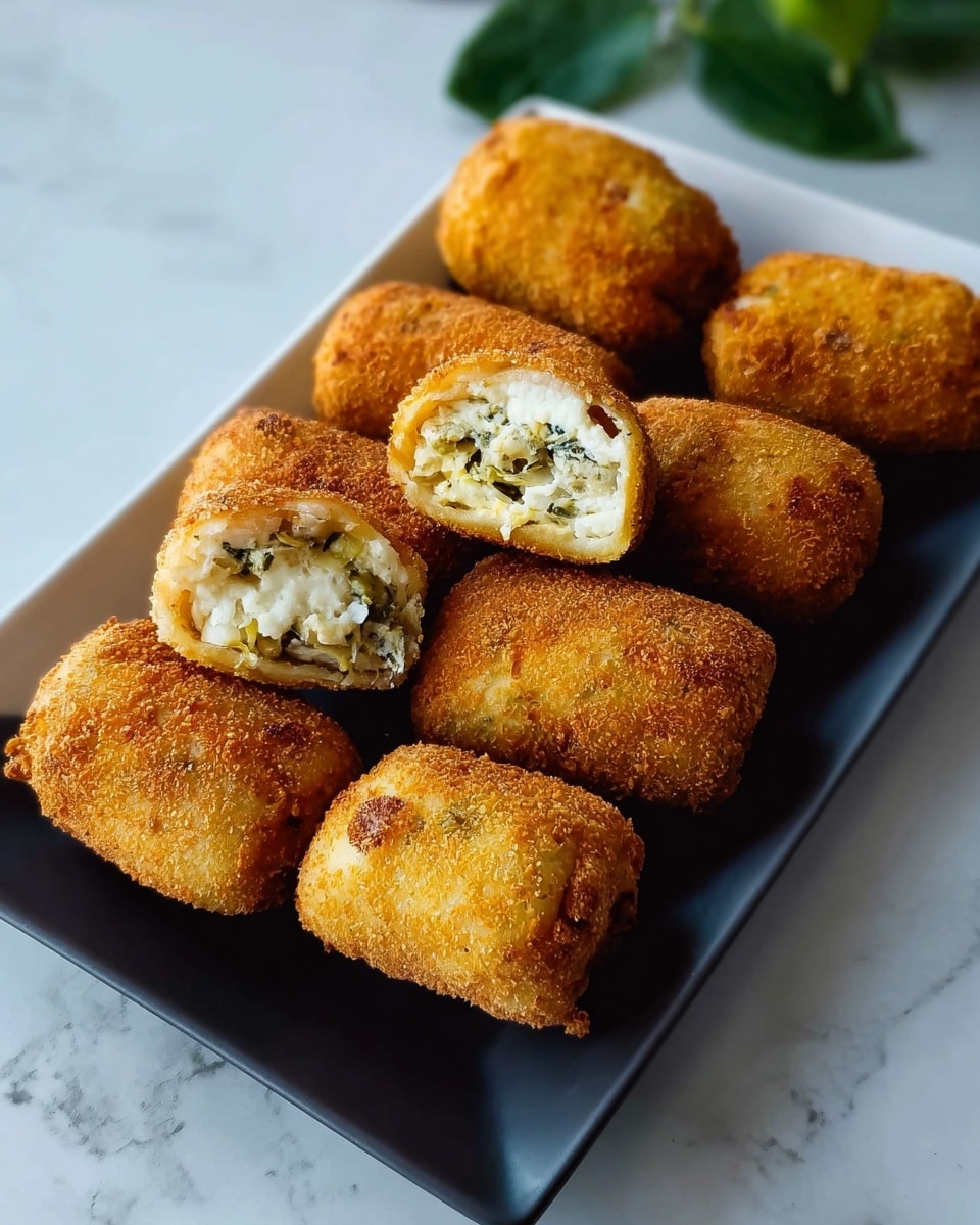 The image shows eight golden-brown, crispy rolls arranged on a white rectangular plate with a black background. Seven of the rolls are whole, while one is cut in half to reveal the filling inside, which looks white and green with a soft texture. The rolls have a rough, crunchy outer crust that contrasts with the soft inside. The plate is placed on a white marbled surface, with a small part of a green leaf visible in the top right corner. Photo taken with an iphone --ar 4:5 --v 7