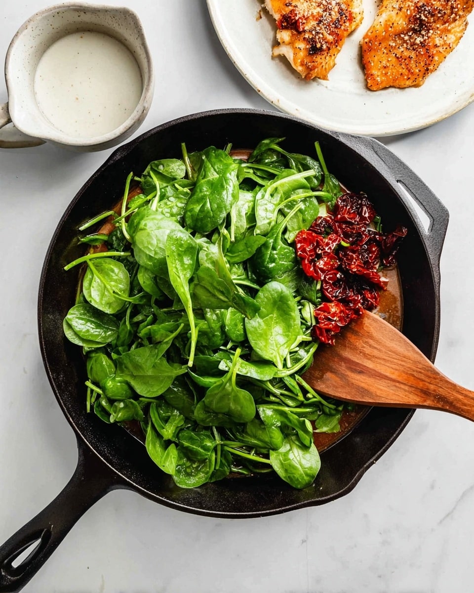 The image shows a black cast iron skillet on a white marbled surface filled with three layers: the bottom layer is a brown liquid sauce, topped with small pieces of dark red dried tomatoes, and the top layer consists of many fresh bright green spinach leaves. A wooden spatula is partially inside the skillet on the right side, resting on the spinach. To the top right of the skillet, there is a white plate holding two golden brown cooked chicken pieces with a sprinkle of seasoning. Below the skillet on the marbled surface, there is a small white bowl filled with a white liquid. photo taken with an iphone --ar 4:5 --v 7