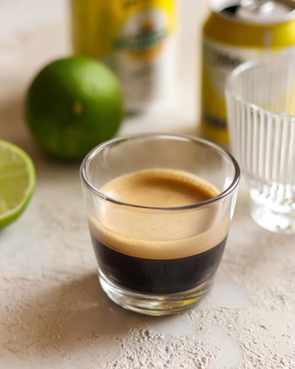 A clear glass cup with two visible layers holds a dark black coffee bottom layer and a light brown creamy top layer, sitting on a light-colored textured surface. In the blurry background, there is a green lime on the left, a white can with yellow graphics, and a clear ridged glass on the right, all placed on a white marbled texture. The whole scene has a soft and natural light, creating a cozy and fresh feeling. photo taken with an iphone --ar 4:5 --v 7