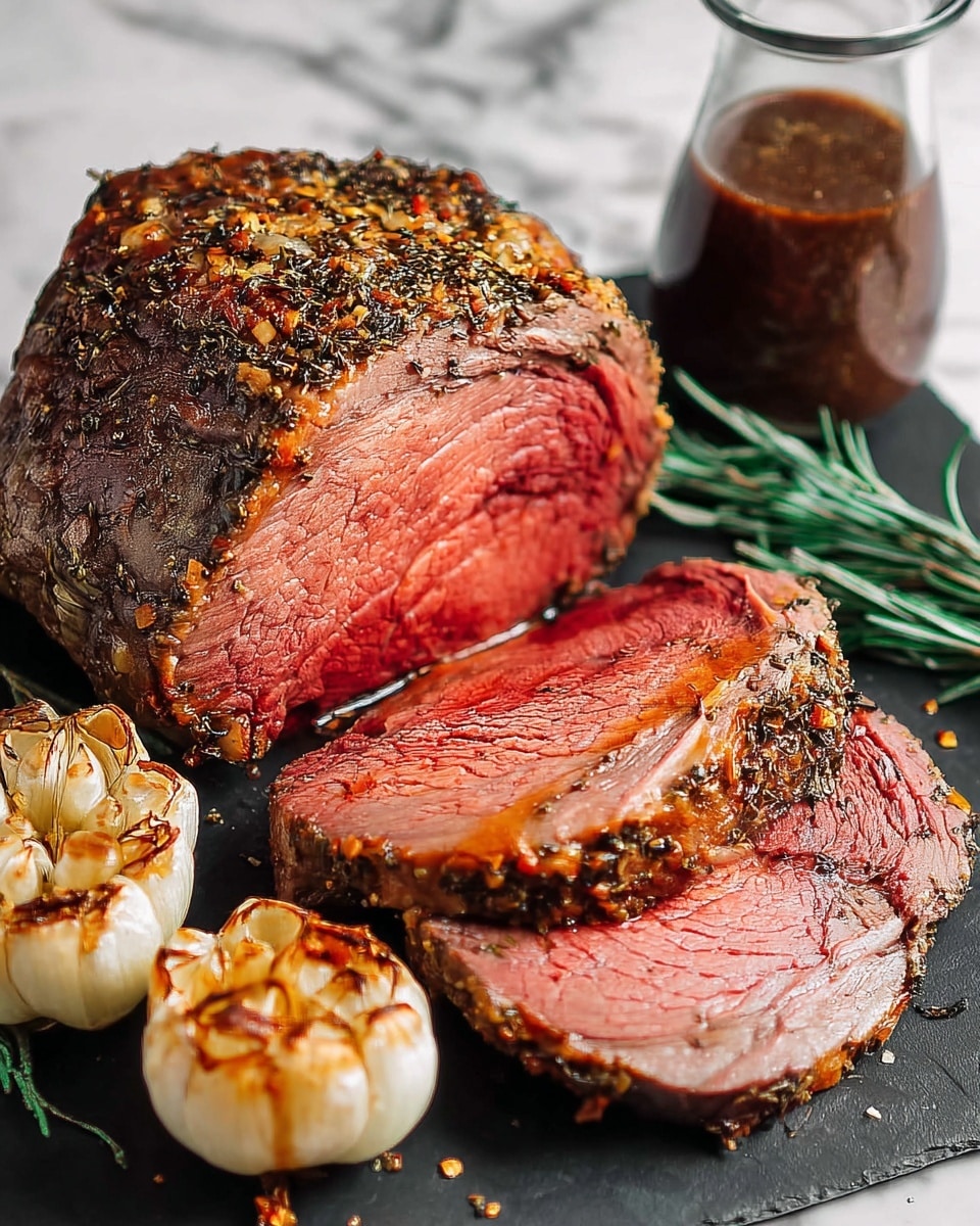 The image shows two thick slices of roasted beef with a reddish-pink center and a seasoned, browned crust on the outside, placed on a black slate board on top of a white marbled surface. The beef is seasoned with visible black and green herbs. Around the beef are three roasted garlic bulbs with golden brown tops and a sprig of green rosemary. Behind the slices, there is a clear glass bottle filled with dark brown sauce. The whole setting is well lit, showing the texture and juiciness of the beef clearly. Photo taken with an iphone --ar 4:5 --v 7