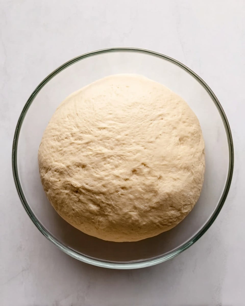 A large, round dough ball with a smooth and slightly bumpy texture sits centered inside a clear glass bowl. The dough is pale beige in color and looks soft and fluffy. The bowl rests on a white marbled surface that adds a clean and bright background to the image. The dough fills most of the bowl, showing it has risen well, and the lighting creates soft shadows around the edges of the dough. photo taken with an iphone --ar 4:5 --v 7