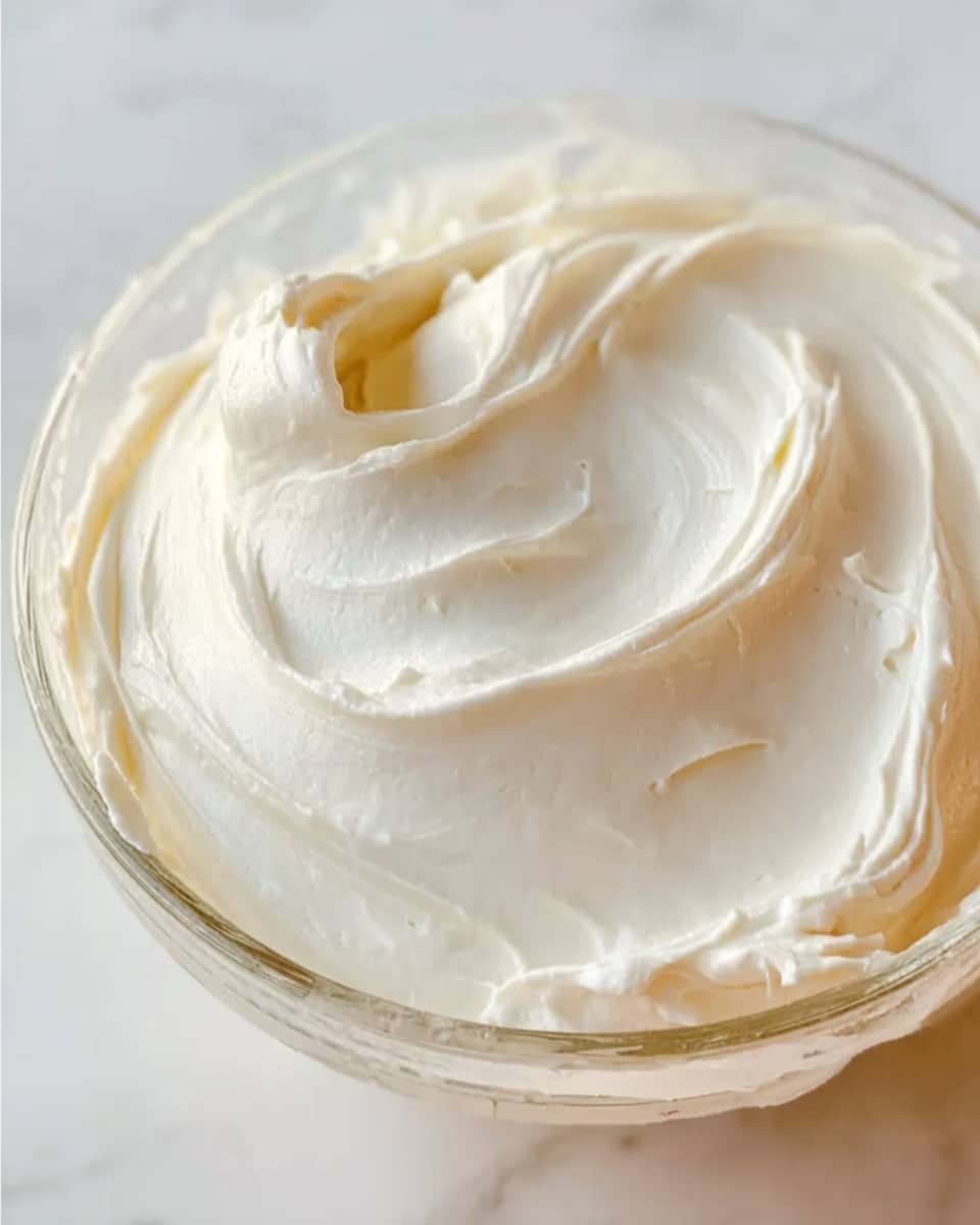 The image shows a close-up view of a glass bowl filled with thick, smooth, creamy white frosting. The frosting has gentle swirls and soft peaks with a lightly glossy texture. The bowl sits on a white marbled surface, with natural light highlighting the creamy texture and soft shadows around the edges. photo taken with an iphone --ar 4:5 --v 7