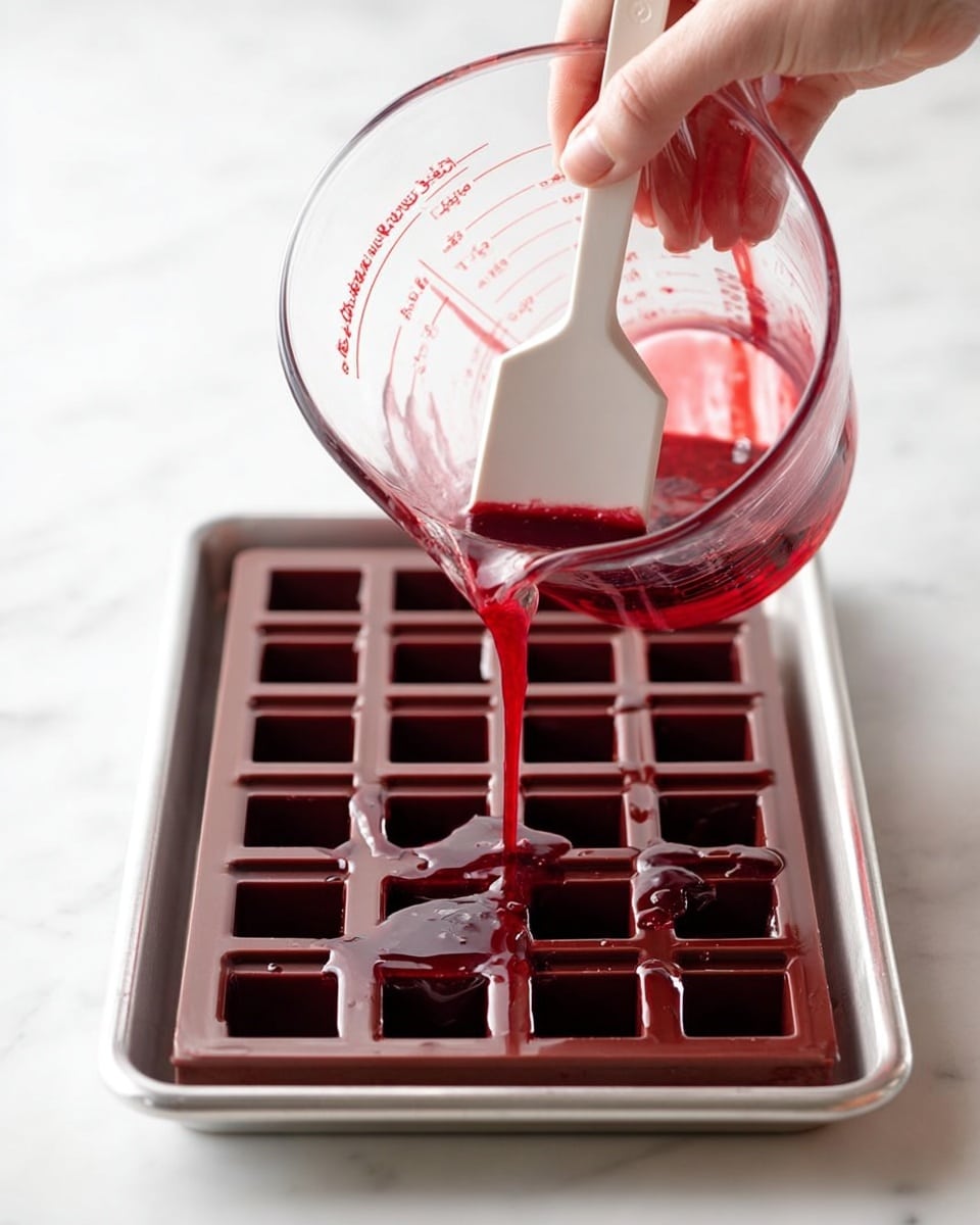 A woman's hand holds a glass measuring cup filled with a thick, deep red liquid that is being poured into the square cavities of a chocolate brown silicone mold resting on a silver baking tray. Another woman's hand holds a white spatula, gently scraping the sides of the measuring cup to guide the liquid as it flows smoothly into the mold. The background is a white marbled surface, adding brightness to the scene. The red liquid creates a shiny, smooth texture inside the small square shapes of the mold. Photo taken with an iphone --ar 4:5 --v 7