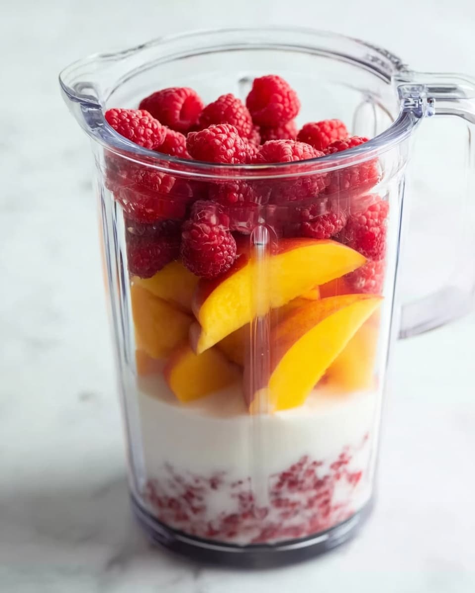 A clear blender sits on a white marbled surface, filled with distinct layers of ingredients. At the bottom, small red berries create a textured base. Above that is a layer of white milk or yogurt with a smooth liquid look. Next, wedge-shaped pieces of yellow-orange peach with soft red skin are stacked above the liquid. At the very top, a cluster of bright red raspberries with a bumpy surface completes the stack, all visible through the clear glass sides. Photo taken with an iphone --ar 4:5 --v 7