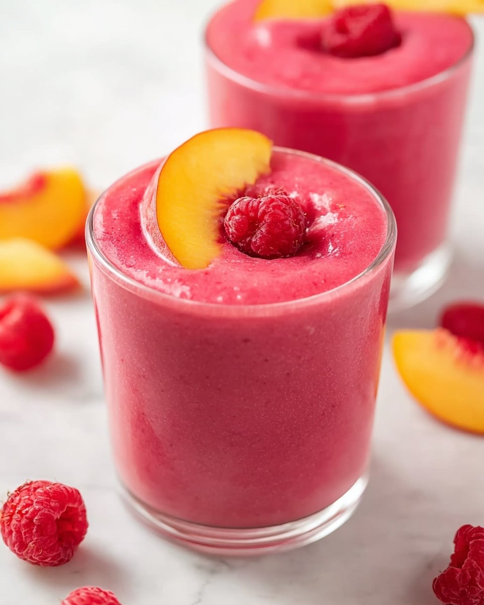 Two clear glass cups are filled with a thick bright pink smoothie. The front cup has a yellow peach slice and a red raspberry on top, the raspberry sitting near the edge and the peach slice slightly folded, both resting on the smooth surface of the smoothie. The second cup, slightly out of focus, shows only a raspberry on top. Around the cups on a white marbled surface, several whole raspberries and peach slices are scattered, adding extra color. The light is soft, bright, and natural, highlighting the freshness of the fruit and creamy texture of the smoothie. photo taken with an iphone --ar 4:5 --v 7