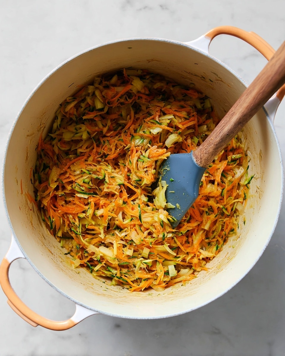 A large white cooking pot with light orange handles contains a mix of shredded vegetables, mainly orange carrots and green zucchini, lightly cooked and mixed with small pieces of onion visible. A blue spatula with a wooden handle rests inside the pot on top of the vegetable mix. The pot is placed on a white marbled surface. photo taken with an iphone --ar 4:5 --v 7