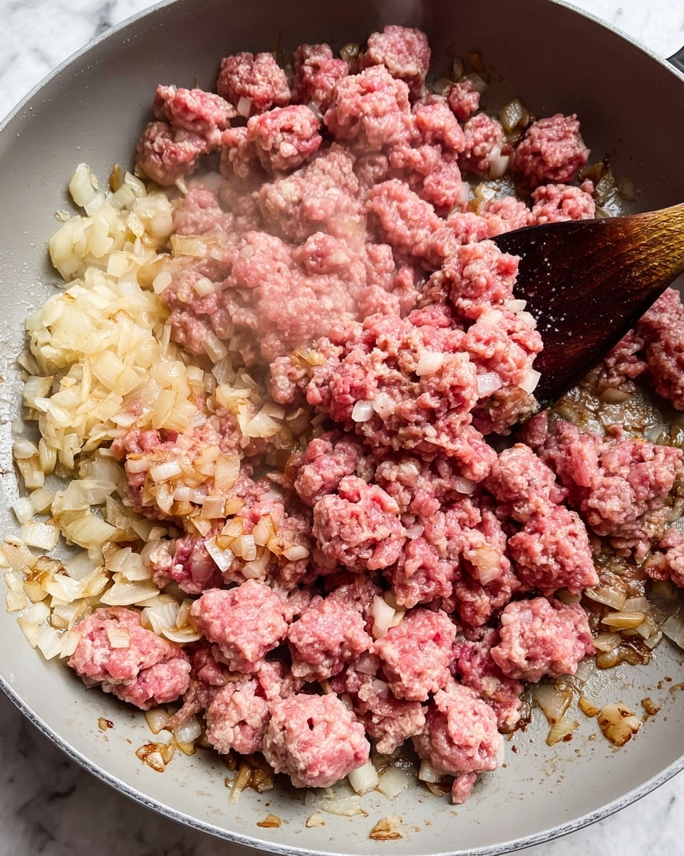 A close-up view of a pan with two main visible layers: the bottom layer consists of small pieces of cooked onions that are golden brown with a slightly crispy texture, mostly positioned along the edges of the pan; the top layer is raw ground meat in uneven chunks showing a mix of bright pink and light reddish-gray colors starting to cook, with steam rising slightly. There is a dark wooden spoon stirring the meat on the right side of the pan. The pan has a light gray surface and is placed on a white marbled countertop. Photo taken with an iphone --ar 4:5 --v 7