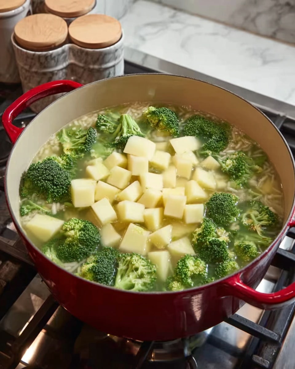 A large round pot with a red handle holds a soup with visible layers inside; the bottom layer has small white grains likely rice in clear broth, followed by bright green broccoli florets scattered evenly, and the top layer is pale yellow cubed potatoes placed in the center. The pot is on a gas stove with metal grates, and the background shows a container with light wooden lids and a white marbled surface. Photo taken with an iphone --ar 4:5 --v 7