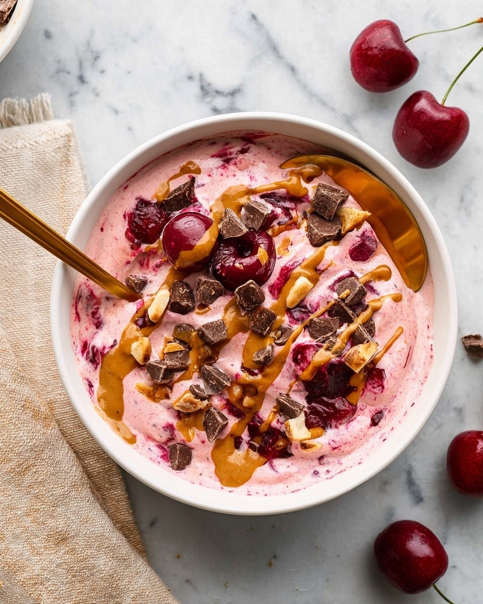 A white bowl sits on a white marbled surface filled with a pink creamy mixture that is swirled with darker red chunks of fruit. On top, scattered pieces of dark brown chocolate and pitted red fruit are visible. A light brown sauce is drizzled over the top, adding texture and color contrast. A brass spoon with small round studs rests inside the bowl, partly submerged in the mixture. Nearby, a small white bowl holds more chocolate pieces and another small white bowl contains more of the light brown sauce. photo taken with an iphone --ar 4:5 --v 7