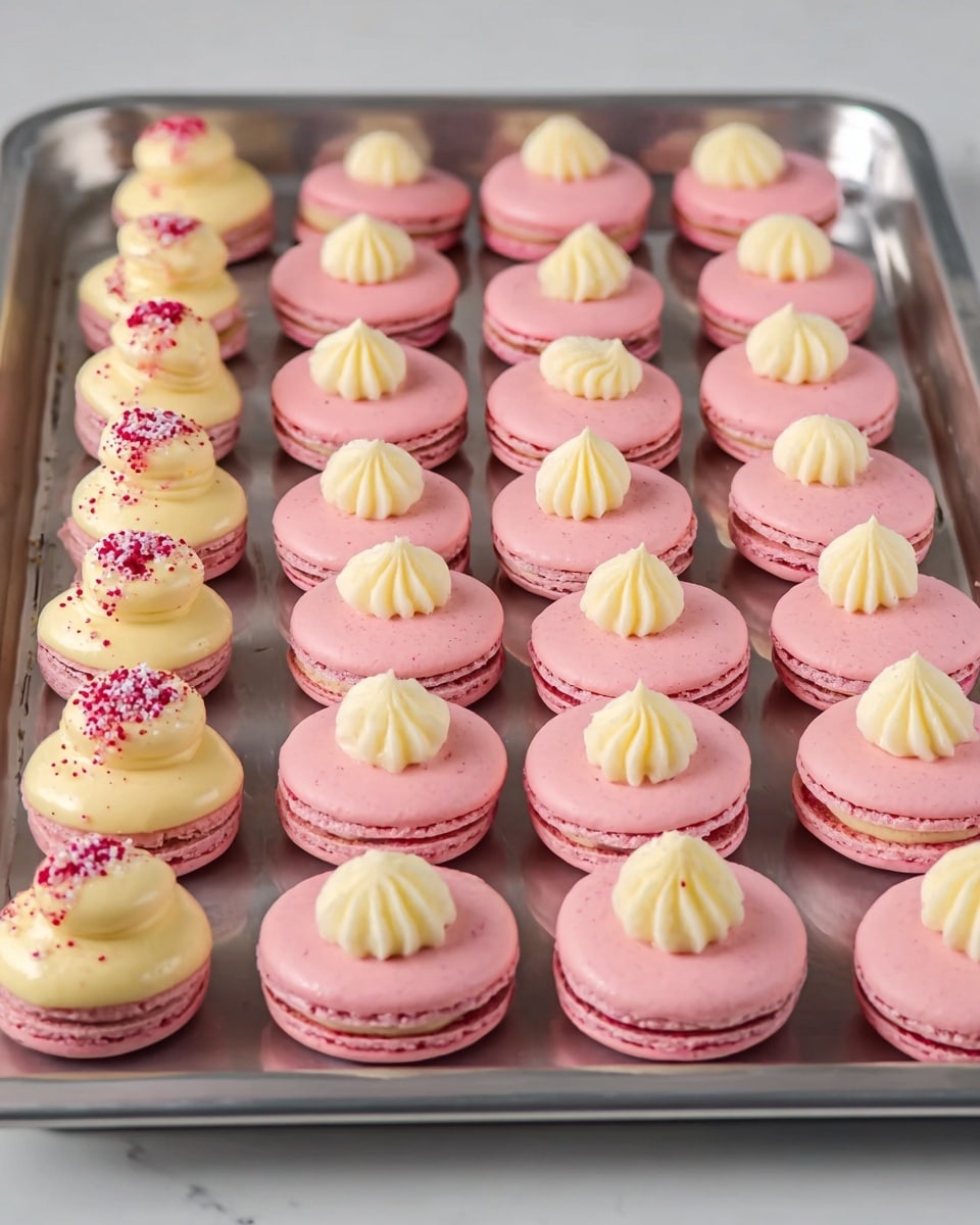 On a large silver baking tray, there are many pink round macarons arranged neatly in rows. Each macaron has two light pink shells with a smooth texture. Some macarons are topped with a single, thick, pale yellow dollop of cream in the center, while others are decorated with drizzles of light yellow cream and small sprinkles of red and white on the left side. The tray rests on a surface with a white marbled texture. photo taken with an iphone --ar 4:5 --v 7