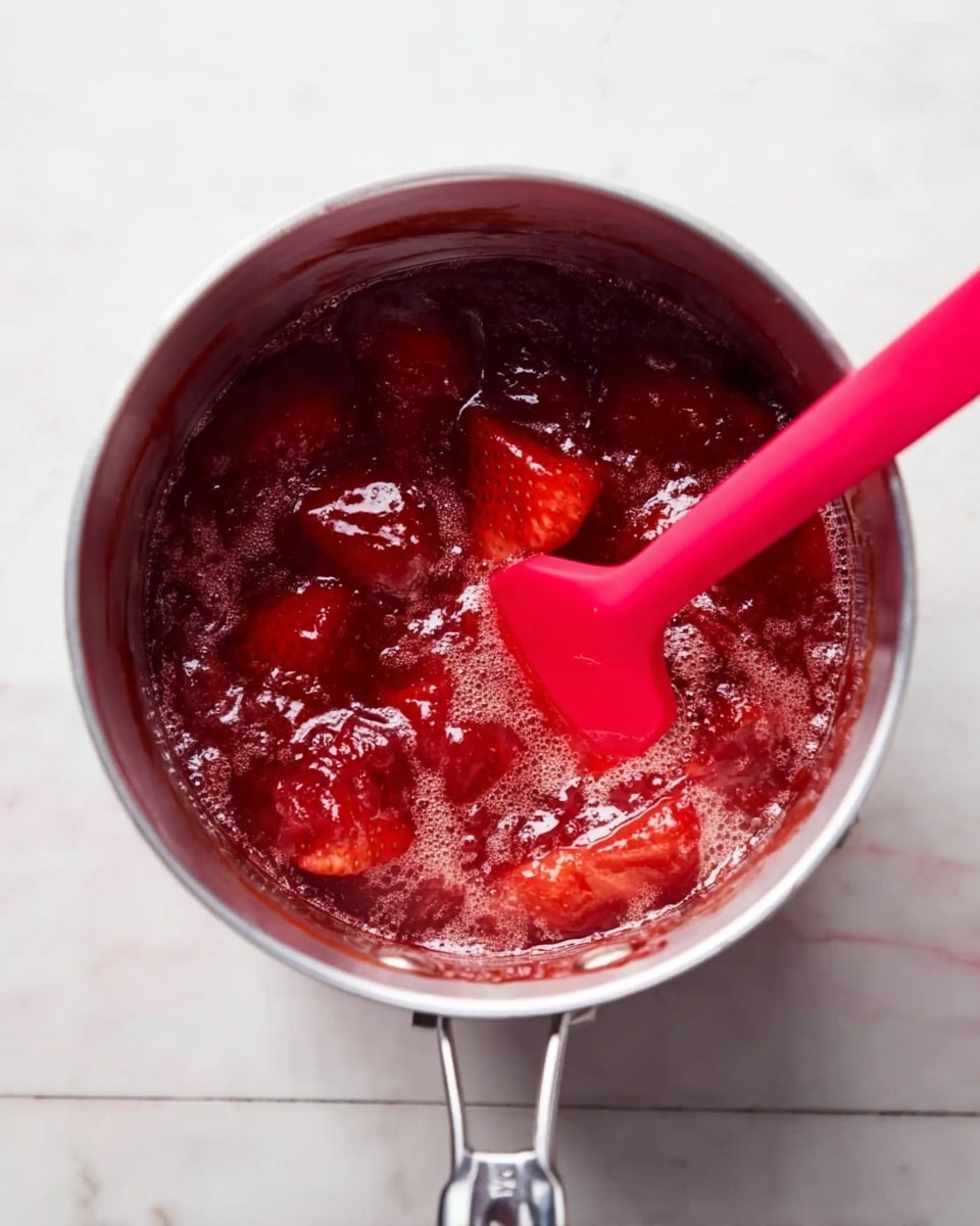 The image shows a close-up of a silver pot filled with bubbling red strawberry jam. Inside the pot, large pieces of strawberries float in a thick, shiny, and slightly foamy red mixture. A bright red silicone spatula rests on the jam, with its handle leaning out of the pot. The pot is placed on a white marbled surface that contrasts with the rich red color of the jam inside. photo taken with an iphone --ar 4:5 --v 7