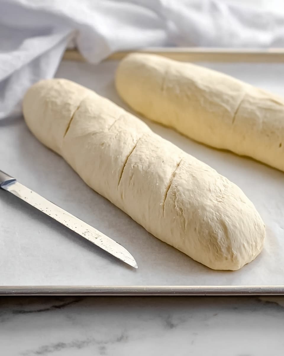 The image shows two long, smooth rolls of pale dough placed on a white marbled surface lined with white parchment paper on a baking tray. The dough has a soft texture with light creases and lines where it is gently stretched. A shiny knife is positioned at the lower left, making a shallow cut into the top of the closer dough roll. The background includes soft folds of a white cloth, adding a clean and simple look. Photo taken with an iphone --ar 4:5 --v 7