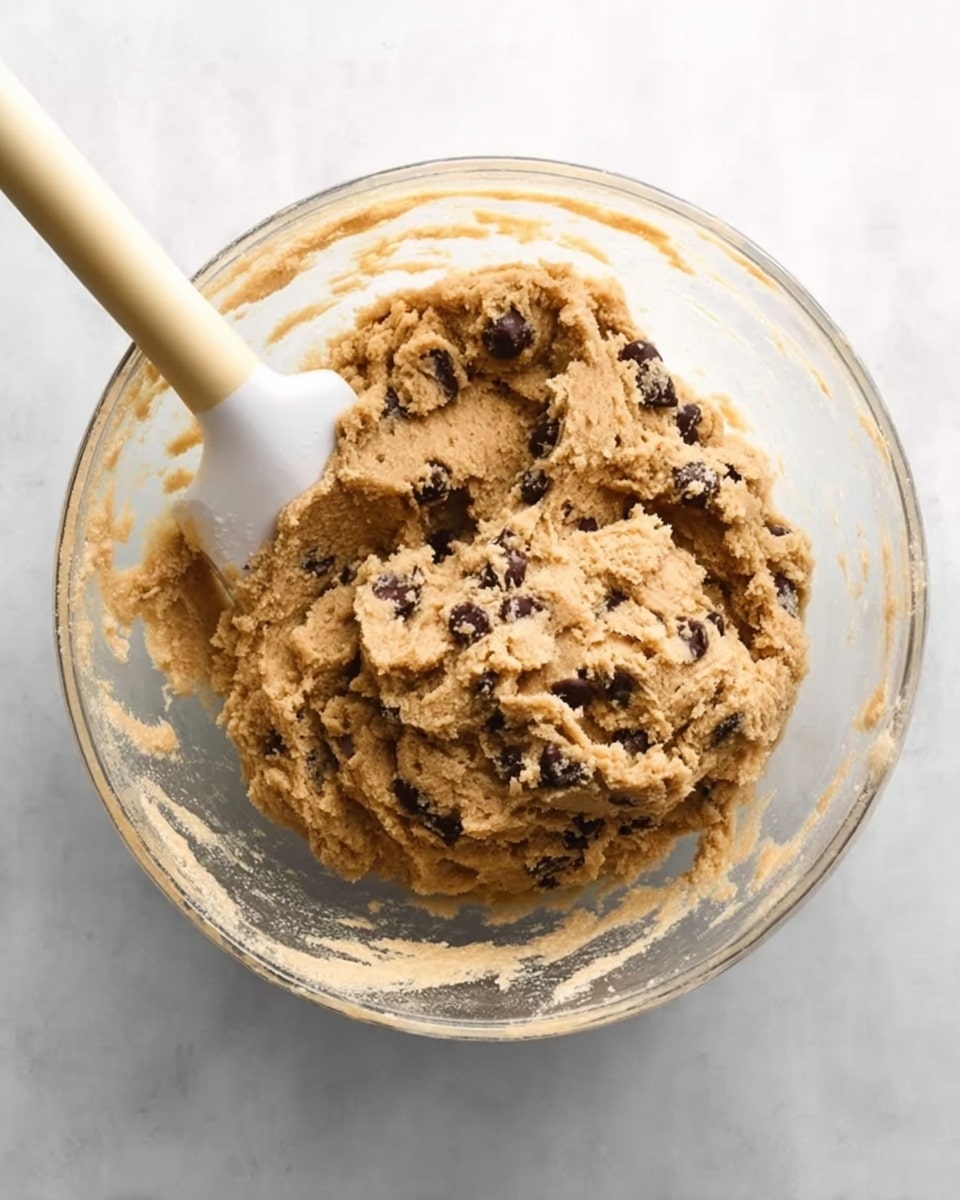 A clear glass bowl filled with thick, light brown cookie dough mixed with dark chocolate chips is placed on a white marbled surface. A white spatula with a beige handle is partially pressed into the dough on the left side, showing the dough’s soft and slightly clumpy texture. The bowl's inside edges show some dough stuck to the sides, and the lighting highlights the smooth but chunky consistency of the dough, with the chocolate chips scattered unevenly throughout the mixture. Photo taken with an iphone --ar 4:5 --v 7
