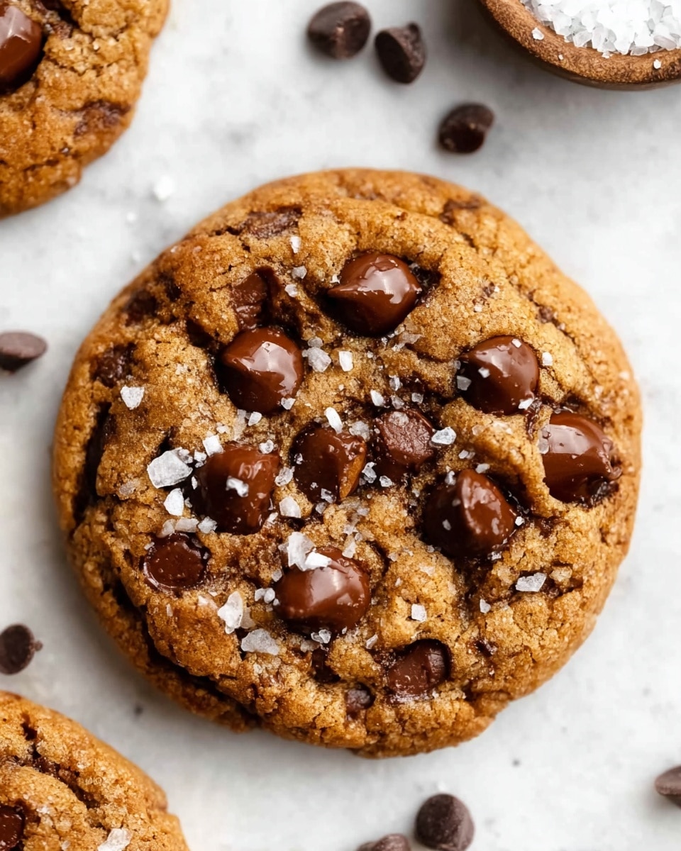 A close-up view of one large, round cookie with a warm golden-brown texture displaying a mix of slightly cracked and soft surface. The cookie is topped with many shiny dark chocolate chips, some partially melted, and sprinkled with coarse white sea salt flakes. Scattered chocolate chips surround the cookie on a white marbled textured surface beneath. A small part of another cookie is visible at the top left corner, adding depth to the scene. photo taken with an iphone --ar 4:5 --v 7