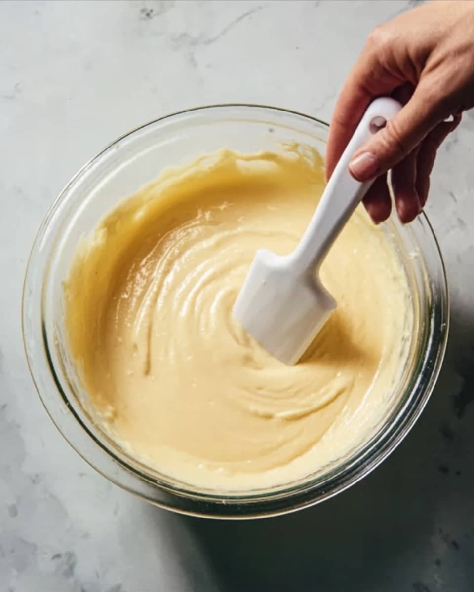 A clear glass bowl filled with smooth, pale yellow batter with a creamy texture. A white silicone spatula is stirring the batter gently inside the bowl. A woman's hand is holding the spatula while another woman's hand steadies the bowl from the side. The bowl is on a white marbled surface. photo taken with an iphone --ar 4:5 --v 7