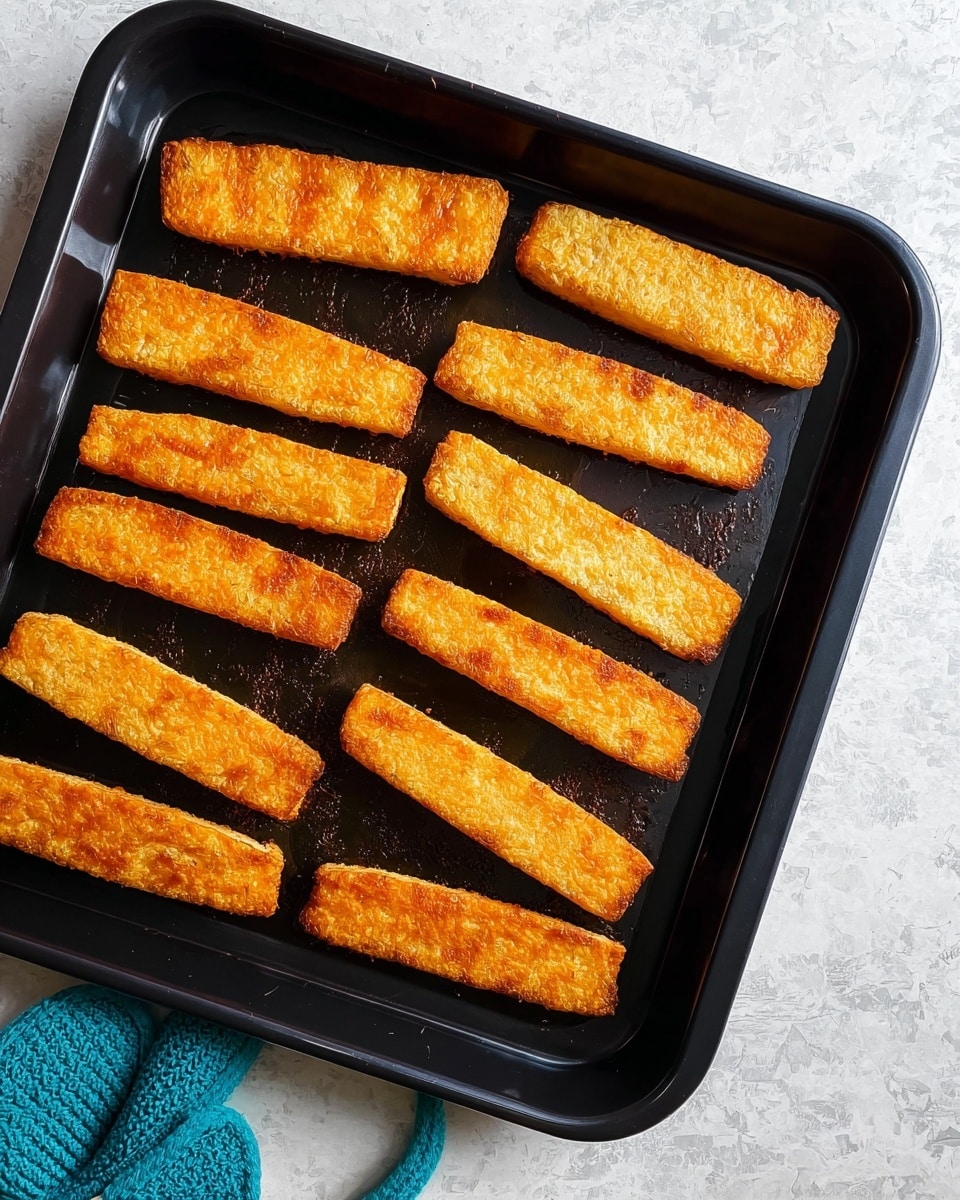 A black rectangular baking tray holds ten long, evenly spaced golden brown strips of baked food with a slightly crispy texture. The tray is placed on a white marbled surface. In the bottom left corner, a pair of teal oven mitts are partly visible. The overall look is warm and inviting, with the food showing a light to dark orange gradient. Photo taken with an iphone --ar 4:5 --v 7