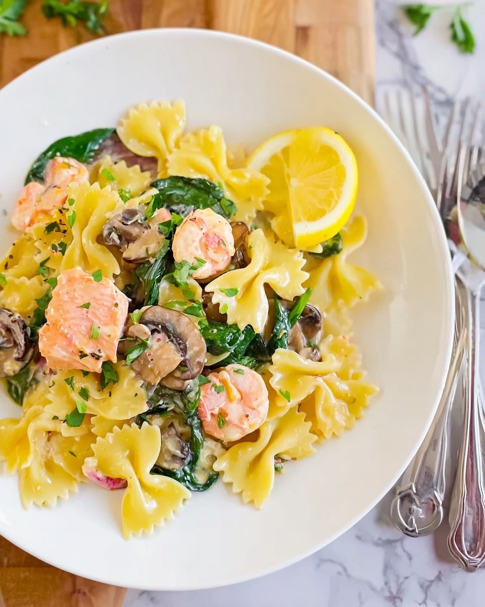 This image shows a white plate with a pasta dish. The pasta is farfalle, yellow in color and cooked. On top of the pasta, there are pink pieces of cooked fish, green spinach leaves, and brown sliced mushrooms. A wedge of yellow lemon is placed on the edge of the plate. The plate is on a white marbled surface with two silver forks lying nearby. Some fresh green herbs are sprinkled on top of the pasta for decoration. photo taken with an iphone --ar 4:5 --v 7