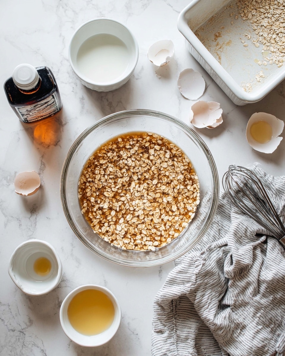 A clear glass bowl in the center holds a mixture of light brown oats and a darker brown liquid, with visible oats floating on top, showing a rough texture. Surrounding the bowl are cracked white eggshells, a bottle of vanilla extract with a black cap, and three white bowls, one with a small bit of yellow liquid inside and another with a bit of a brownish liquid. To the right, a metal whisk rests on a crumpled light gray and white striped cloth, next to a white baking dish with a light brown interior. The surface is a white marbled texture. Photo taken with an iphone --ar 4:5 --v 7