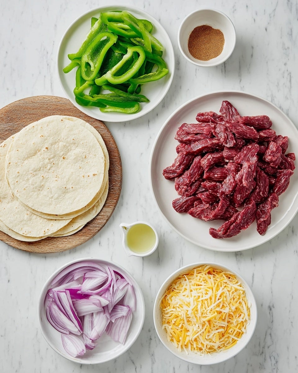 The image shows six piles of cooking ingredients arranged on a white marbled surface. In the bottom left, there are three soft flour tortillas stacked on a round wooden board. Above the tortillas, a white plate holds bright green sliced bell peppers arranged loosely. To the right, a large white plate holds raw beef strips with a deep red color and visible marbling, piled high. In the center, a white bowl is filled with thin purple and white sliced onions. Below and to the right of the onions, a white bowl contains shredded yellow and white cheese. To the far right on the surface, a small white bowl has a mound of brown powdered seasoning. Finally, near the center left, a small white cup holds a pale yellow liquid, possibly oil or vinegar. photo taken with an iphone --ar 4:5 --v 7