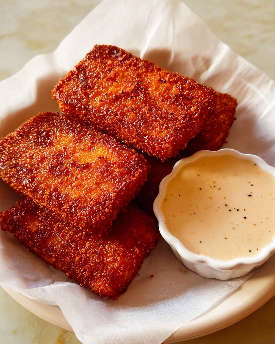 The image shows three golden brown, crispy fried rectangles stacked slightly over each other on white parchment paper lining a white plate. The fried pieces have a coarse, crunchy texture with a deep reddish-brown color. Next to them on the plate is a small white fluted bowl filled with thick, creamy, pale beige sauce with specks of black pepper. The plate rests on a white marbled surface. Photo taken with an iphone --ar 4:5 --v 7