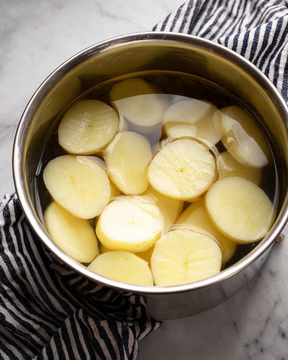 A shiny metal pot filled with clear water and several pale yellow potato slices floating inside, each slice round and of different sizes, with smooth, slightly translucent edges. The pot is on a white marbled surface and a black and white striped cloth is placed beside it. Photo taken with an iphone --ar 4:5 --v 7