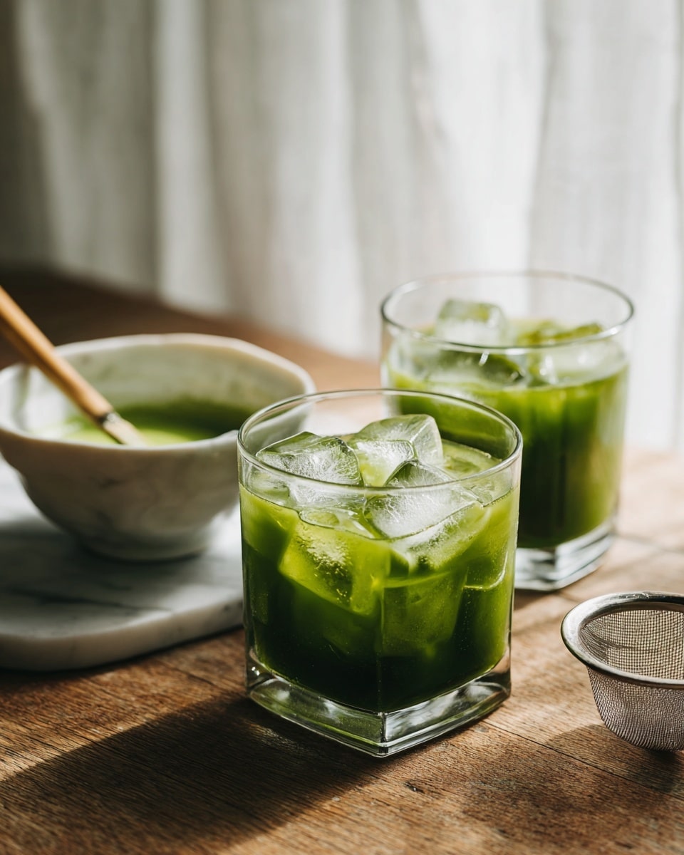 Two clear square glasses are filled with dark green iced matcha tea, showing layers of bright green tea and white ice cubes on top. Behind the glasses is a white bowl holding green matcha tea and a light brown bamboo whisk with black ties, resting inside the bowl. The items sit on a wooden surface next to a small gold spoon and a round metal strainer. The background has a soft white marbled texture with soft natural light coming through a white curtain. Photo taken with an iphone --ar 4:5 --v 7