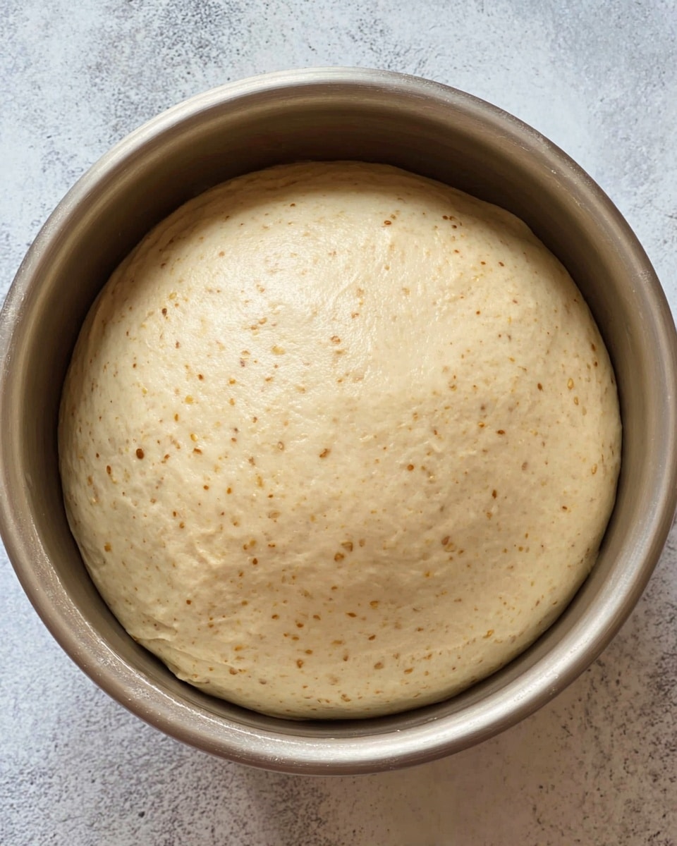 A close-up top view of a round, smooth dough ball inside a shiny silver metal bowl, the dough shows a slightly glossy, pale beige texture speckled with tiny brown flecks all over. The dough fills most of the bowl, rounded and soft but firm, with faint lines on its surface. The bowl is sitting on a white marbled textured surface that contrasts with the dough's light color. photo taken with an iphone --ar 4:5 --v 7