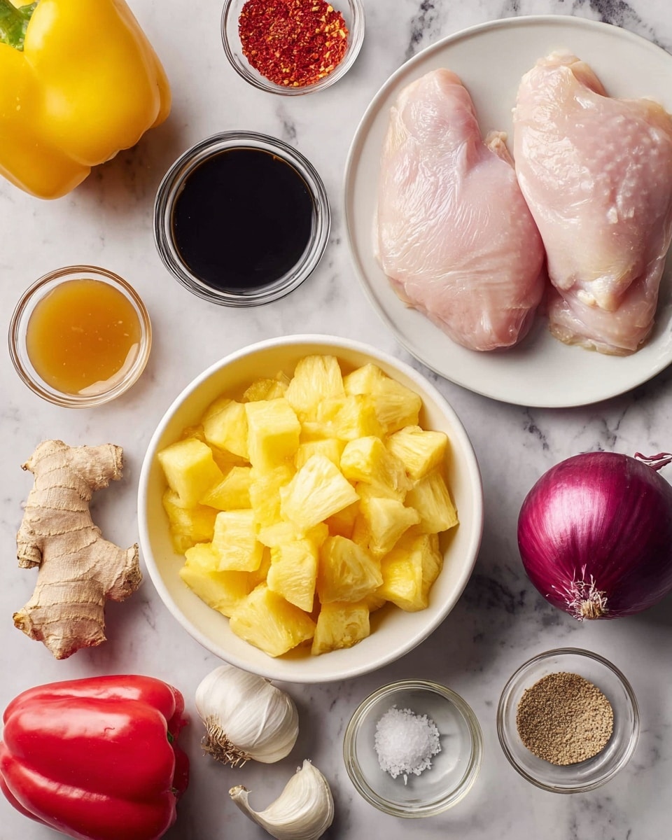 A top-down view shows various cooking ingredients arranged on a white marbled surface. In the center, there is a white bowl filled with bright yellow pineapple chunks. Above and to the right of the bowl, two raw light pink chicken pieces rest on a white plate. A whole purple onion sits near the bottom right. On the left side, a yellow bell pepper and a red bell pepper lie side by side. Near the top left, a whole pineapple is partially visible. Around the main items, there are small bowls and containers with soy sauce (dark brown liquid), honey (golden liquid), ketchup (red sauce), red pepper flakes, white powder (likely starch), clear liquid, and some fresh ginger root and two garlic cloves placed near the bottom. The photo taken with an iphone --ar 4:5 --v 7